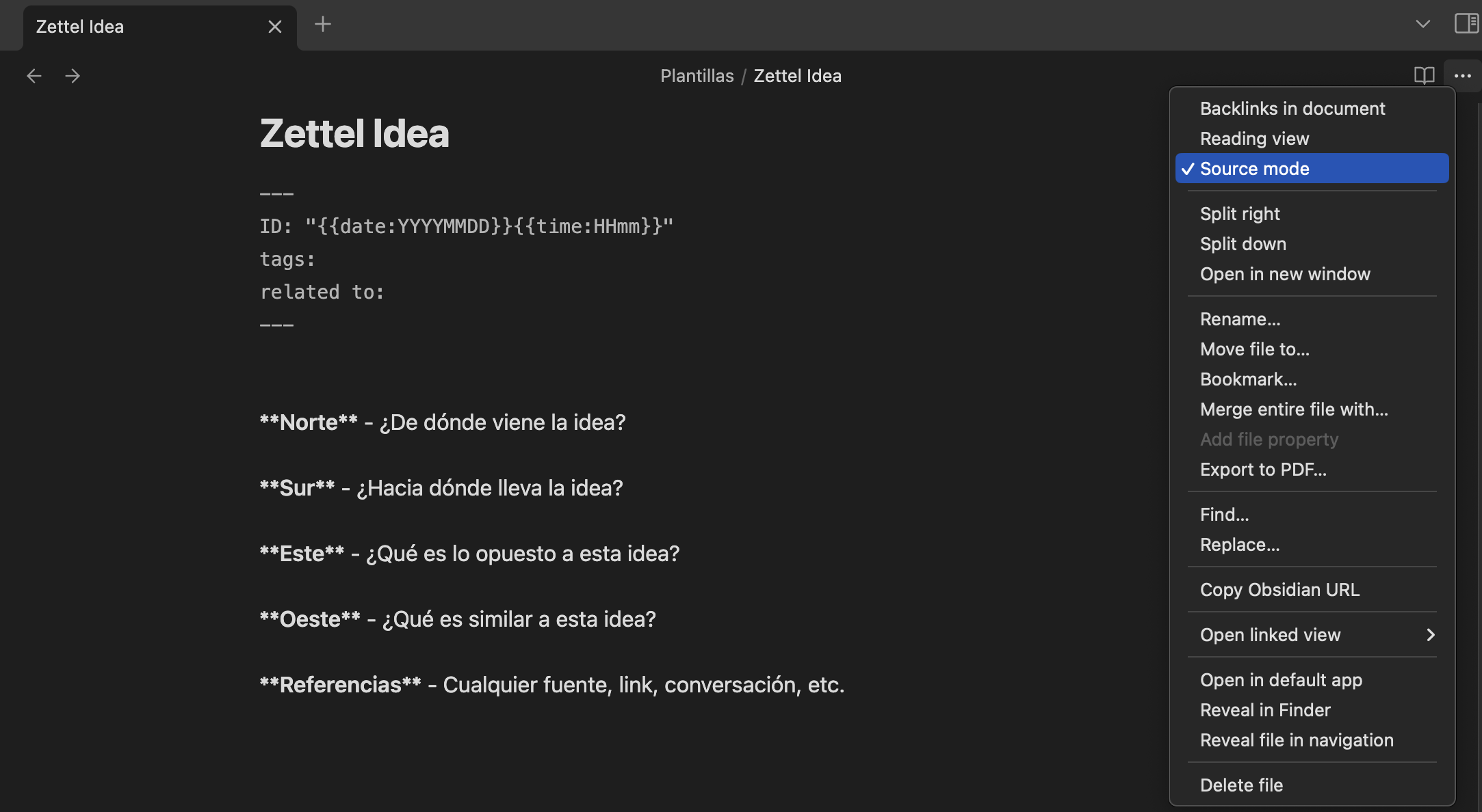 Activar-desactivar Source mode en nota de Obsidian