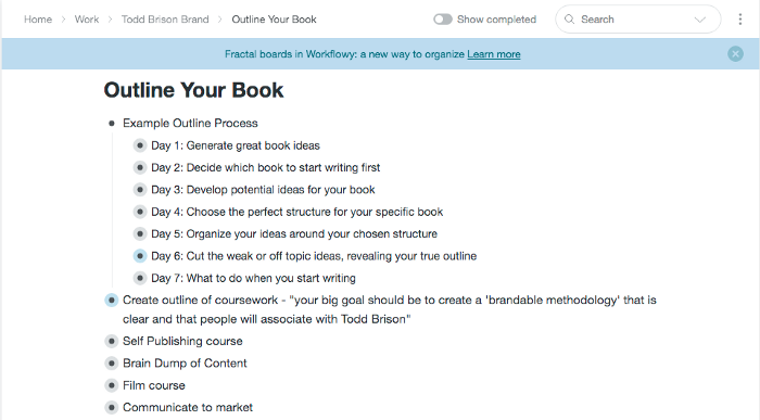 Screenshot by author: The Workflowy Outlining tool in action.