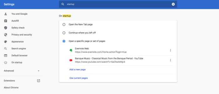 Screenshot by the author. Most browsers allow for opening specific pages on startup
