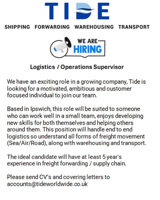 New Vacancy&hellip;..

#tideworldwide 
#tideshipping 
#tideforwarding 
#tidewarehousing 
#tidetransport