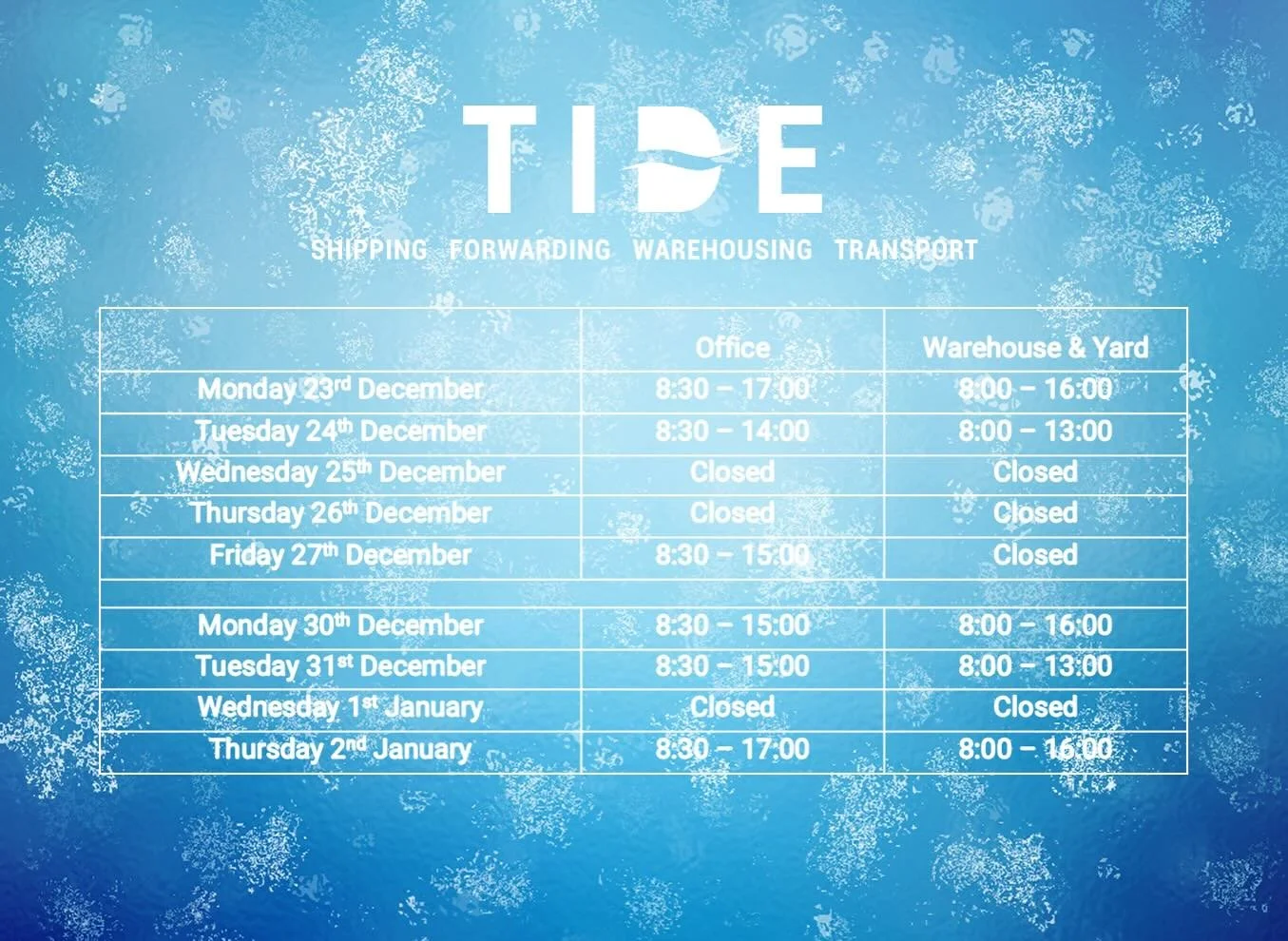 🎄✨ Plan ahead for the holiday season! Here are our Christmas 2024 opening times at Tide. We&rsquo;re here to support you during the holidays, please reach out for any assistance before or after these dates. Wishing you a joyful festive season! 🎁🌟 