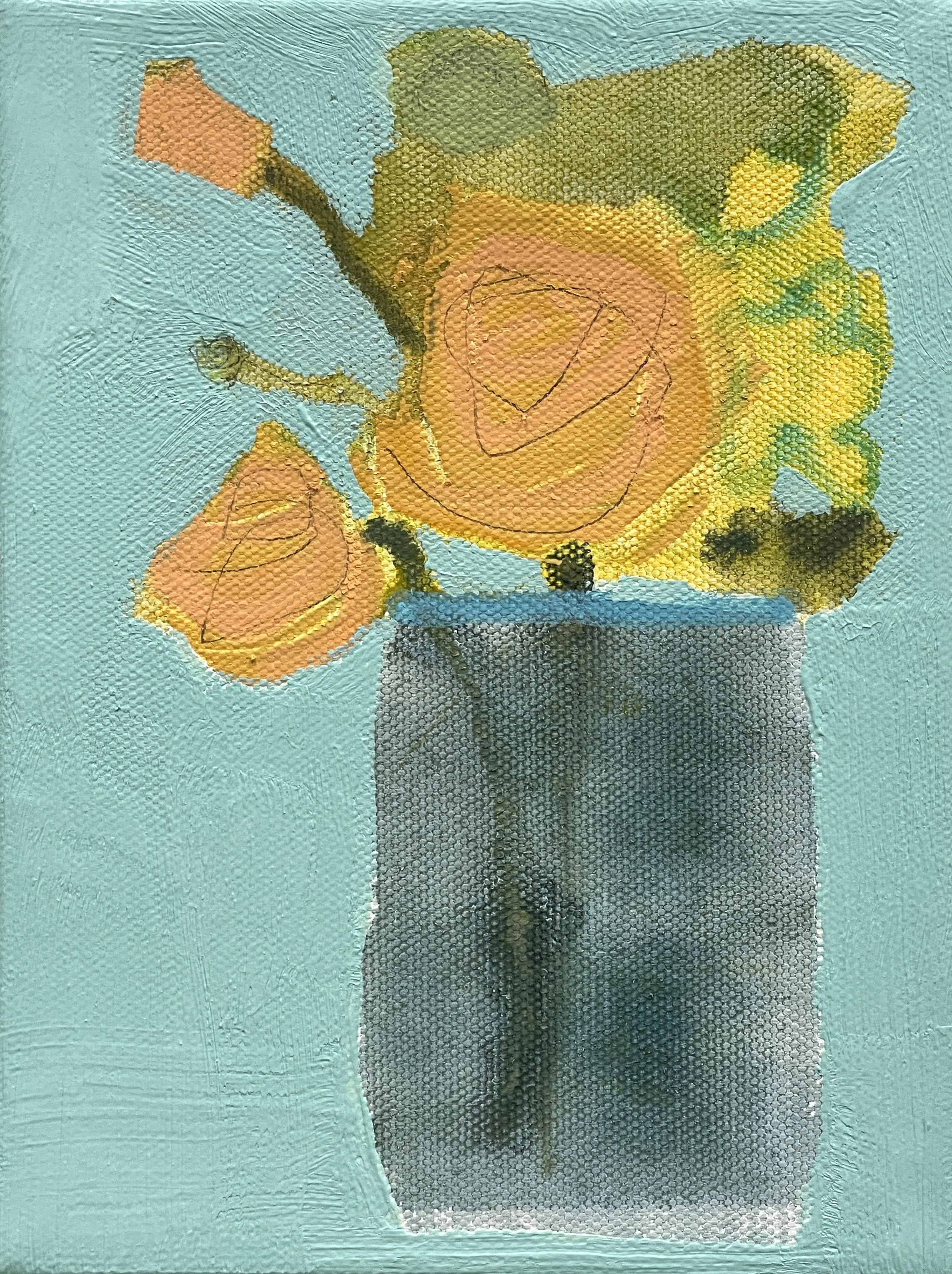 summer bouquet in sheer vessel, 8x6, (sold)