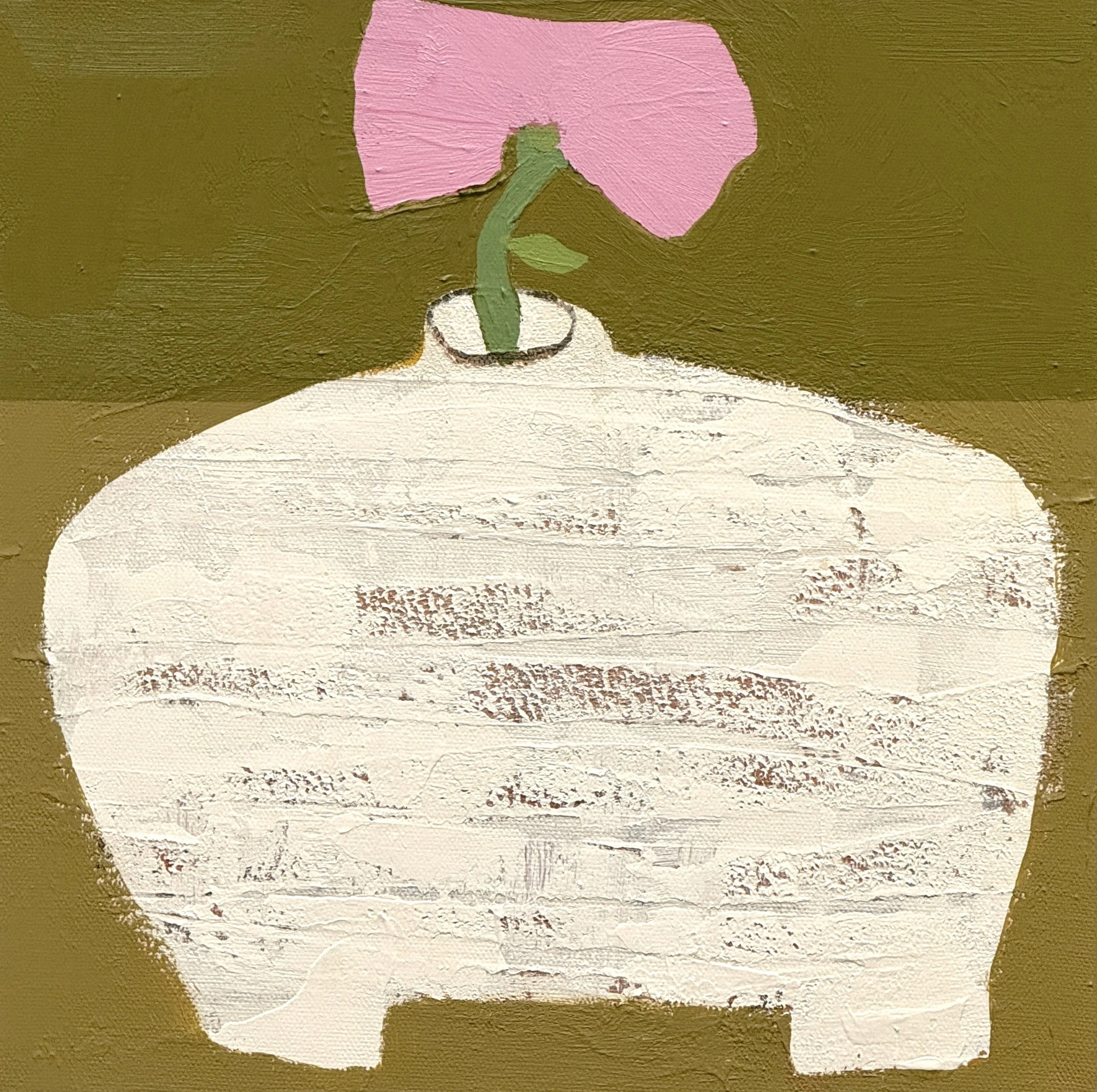 textured pottery with pink flowered stem, 12x12