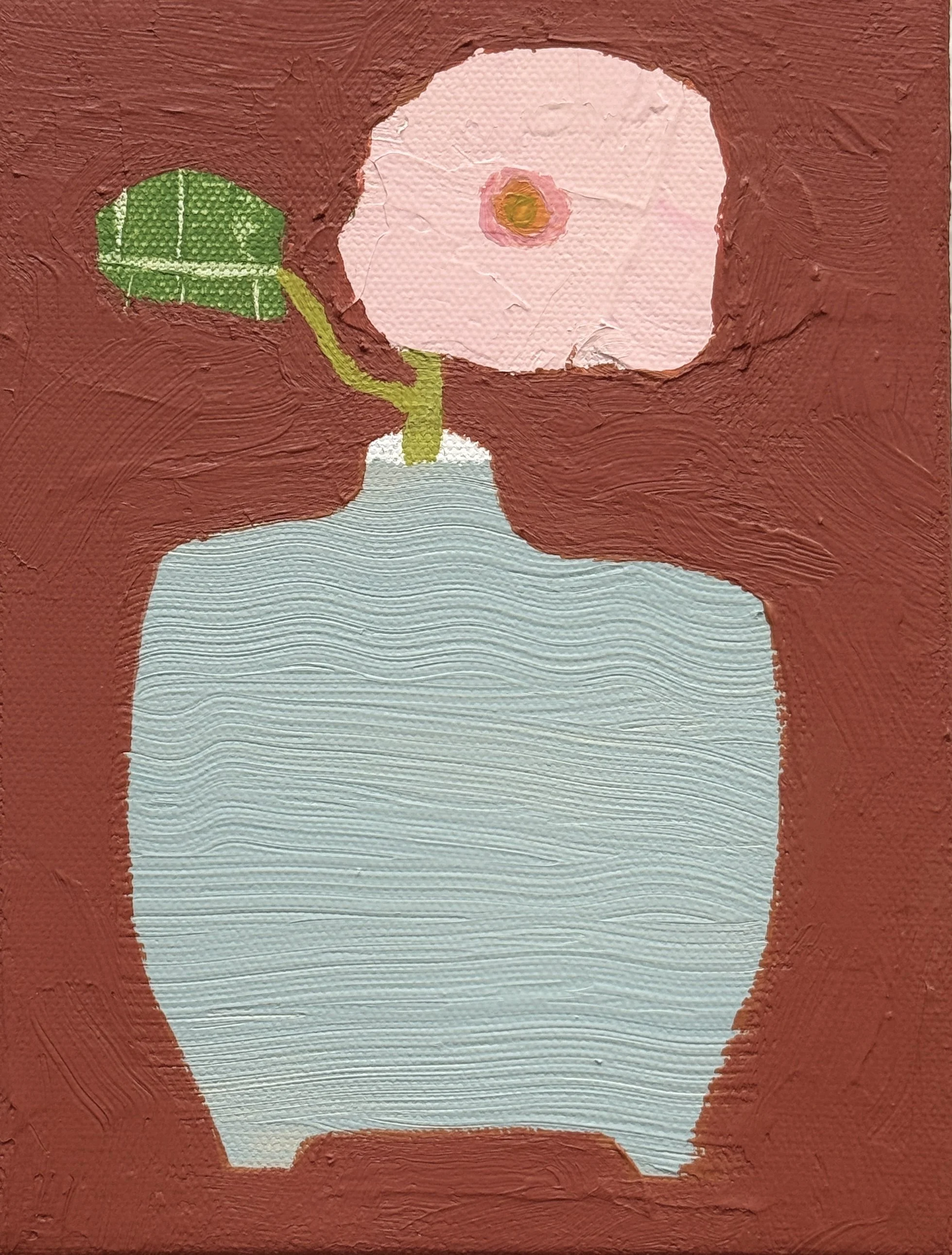 clay vessel with pink zinnia, 8x6