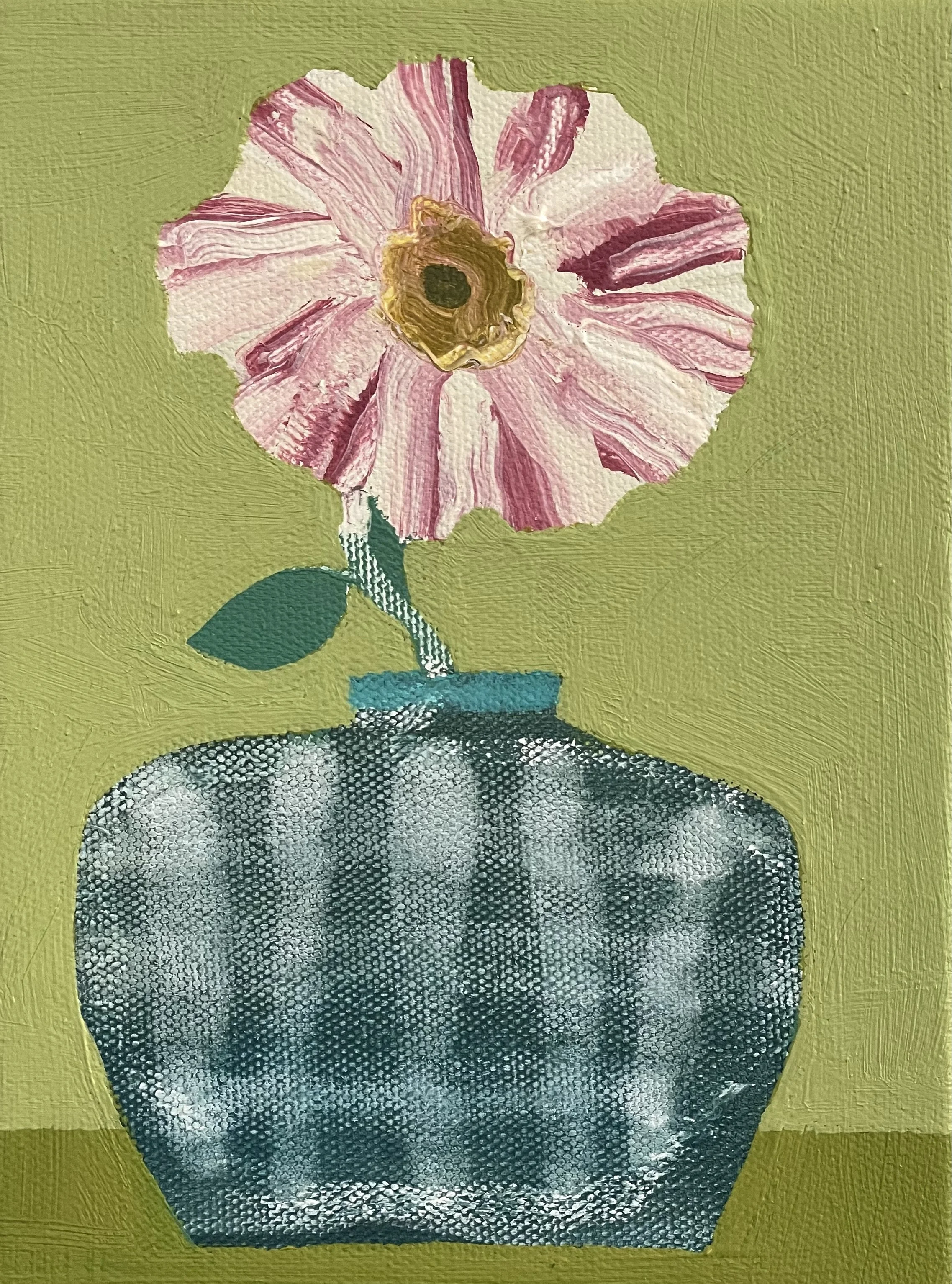 checkered vessel with zinnia, 8x6, (sold)