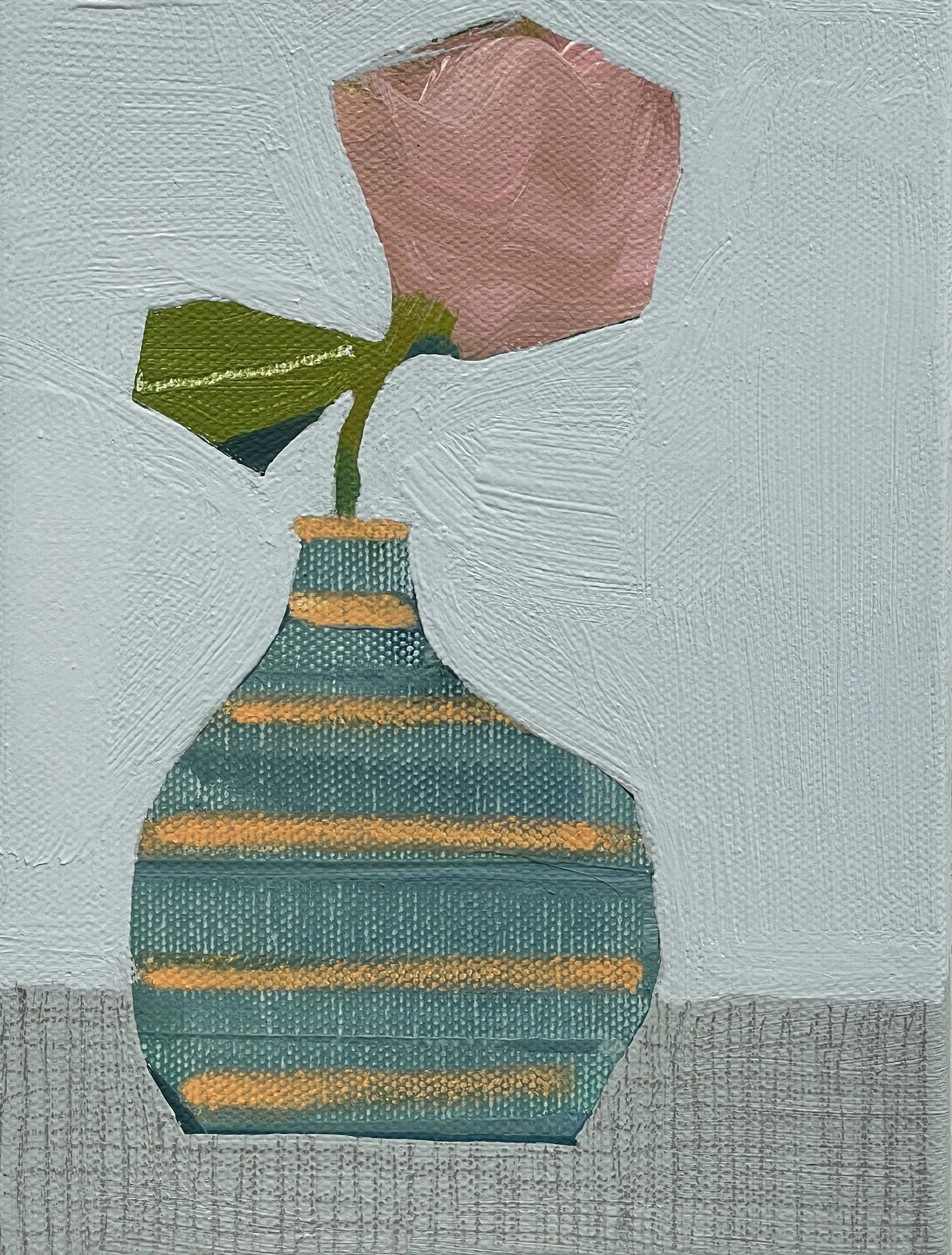 orange striped vessel with rose, 8x6, (sold)