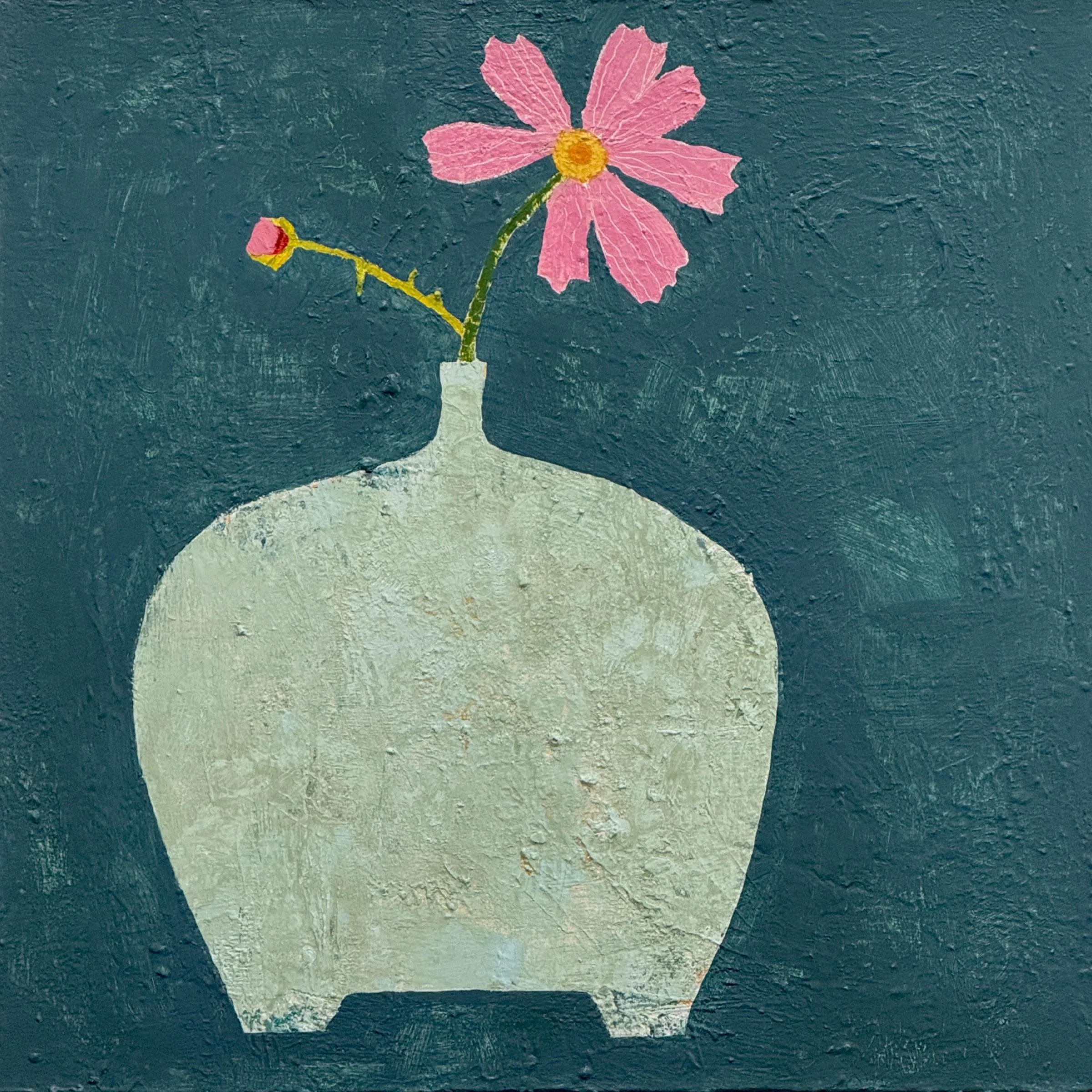 textured vessel with garden cosmos, 24x24
