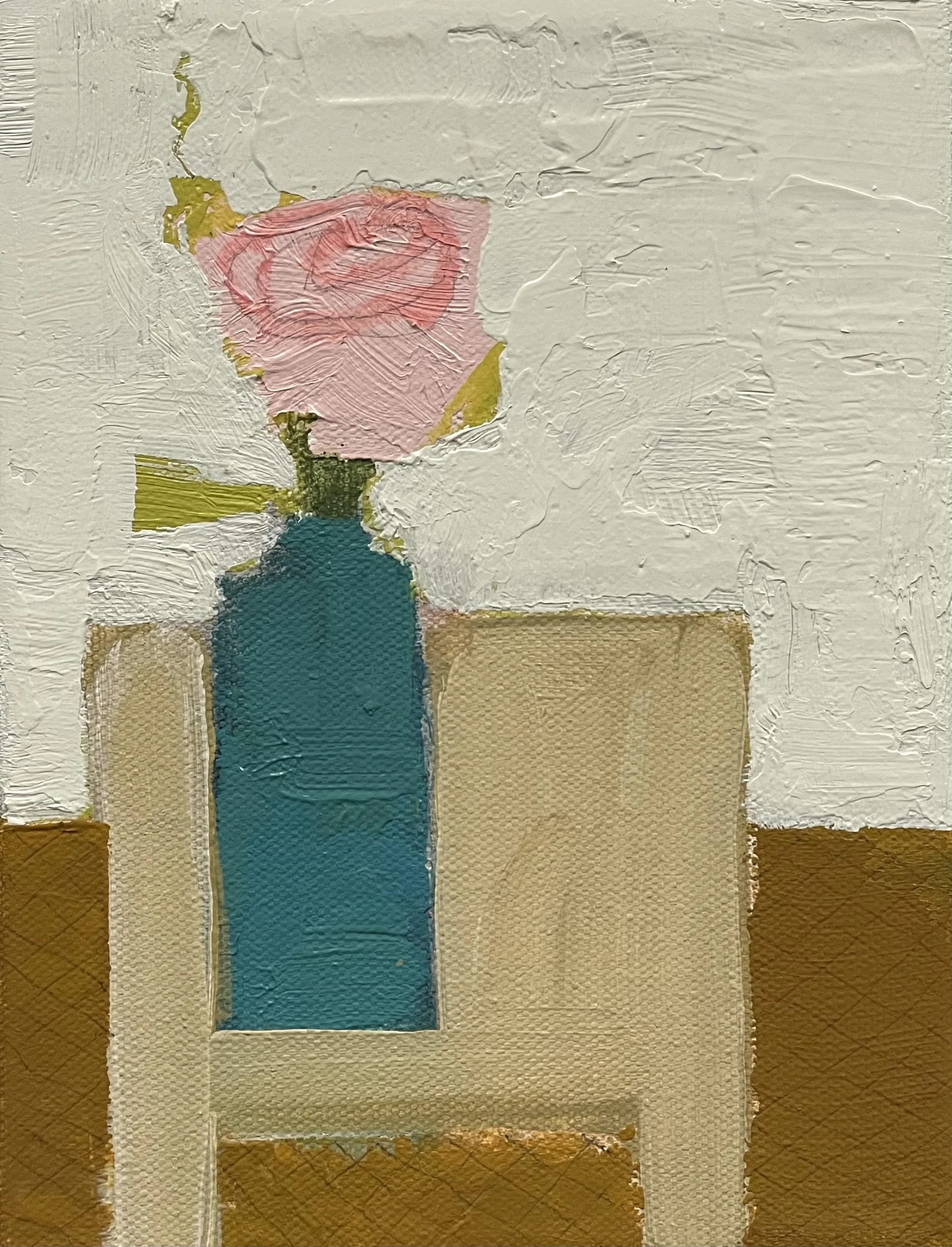 teal vessel and pink rose, 8x6
