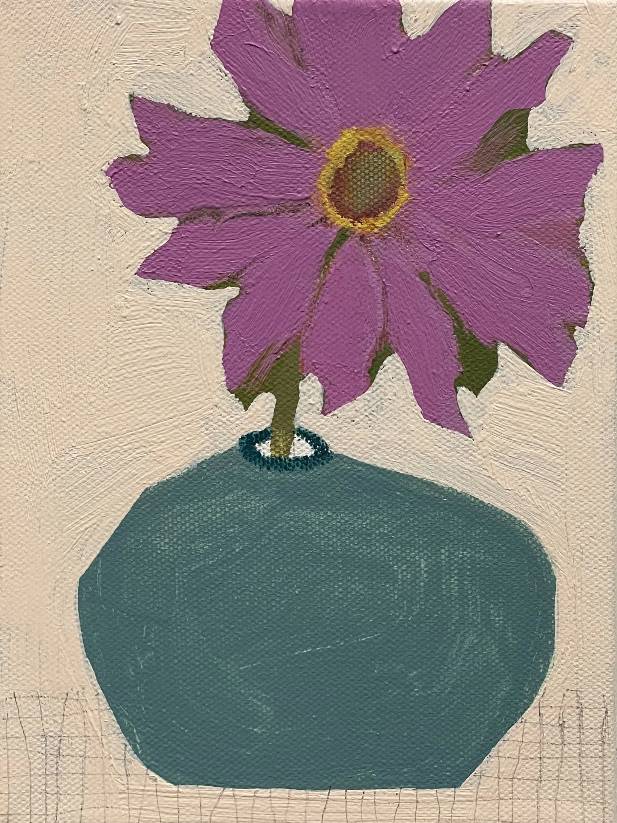 oblong vessel with pink zinnia, 8x6, (sold)