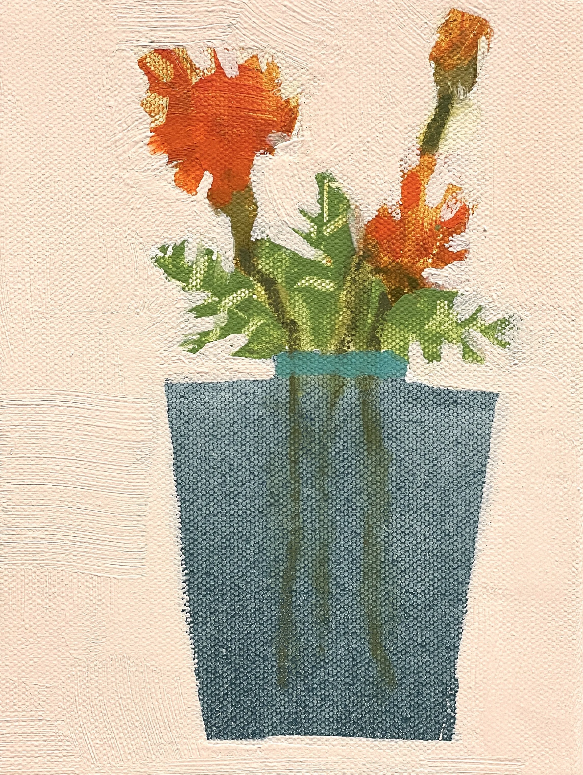 semi sheer vessel with marigolds, 8x6, (sold)
