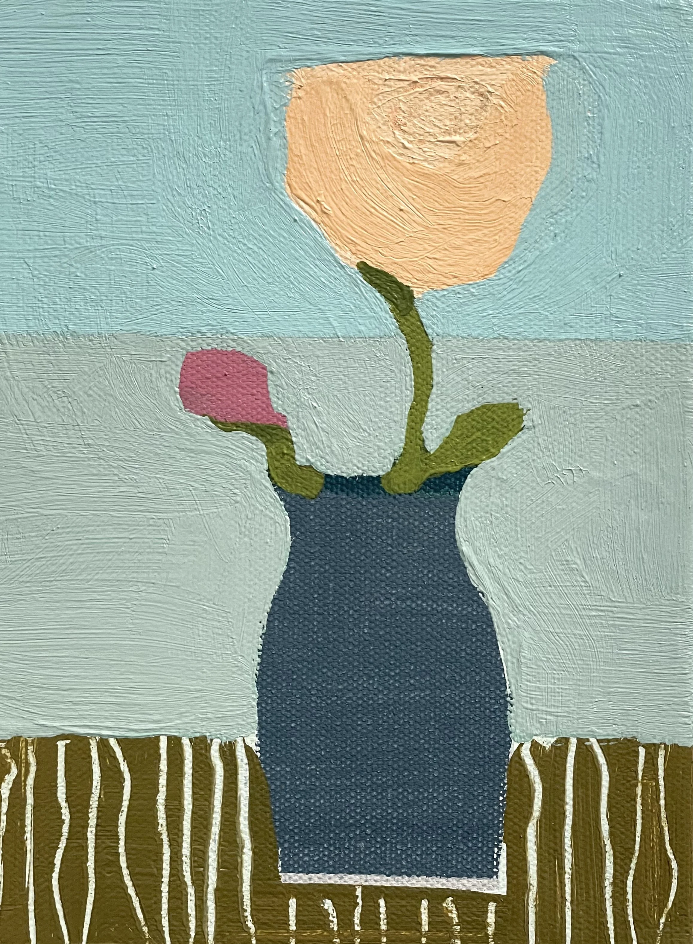 navy blue vessel with peach flower, 8x6, (sold)