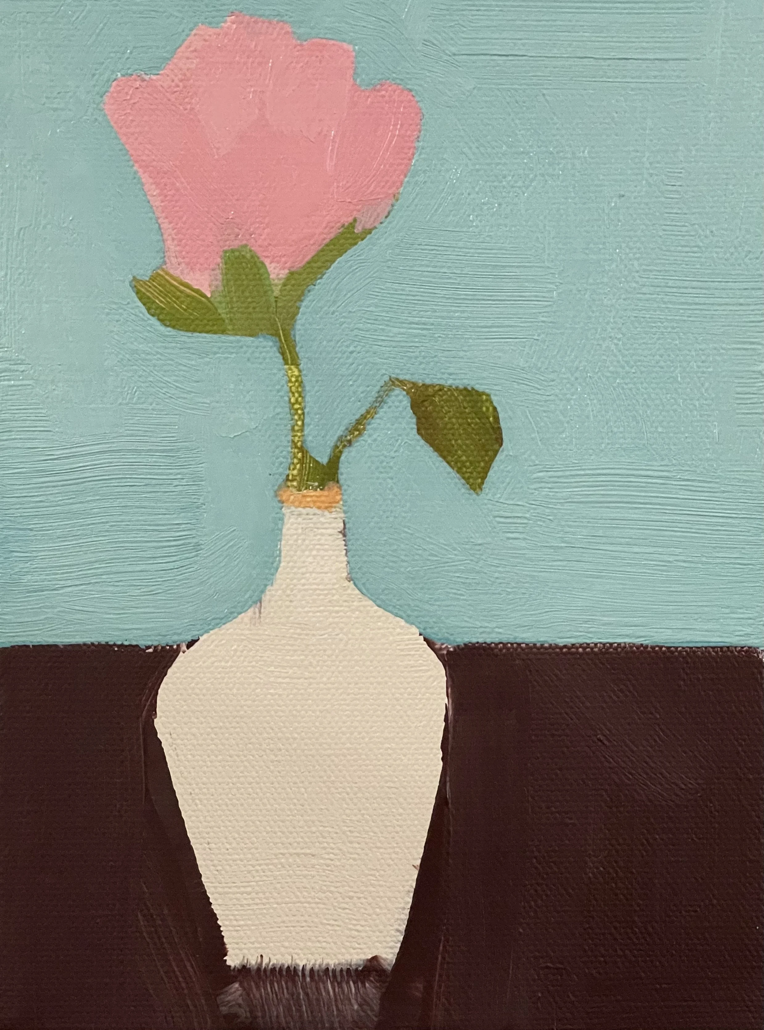 off white vessel with single pink stem, 8x6