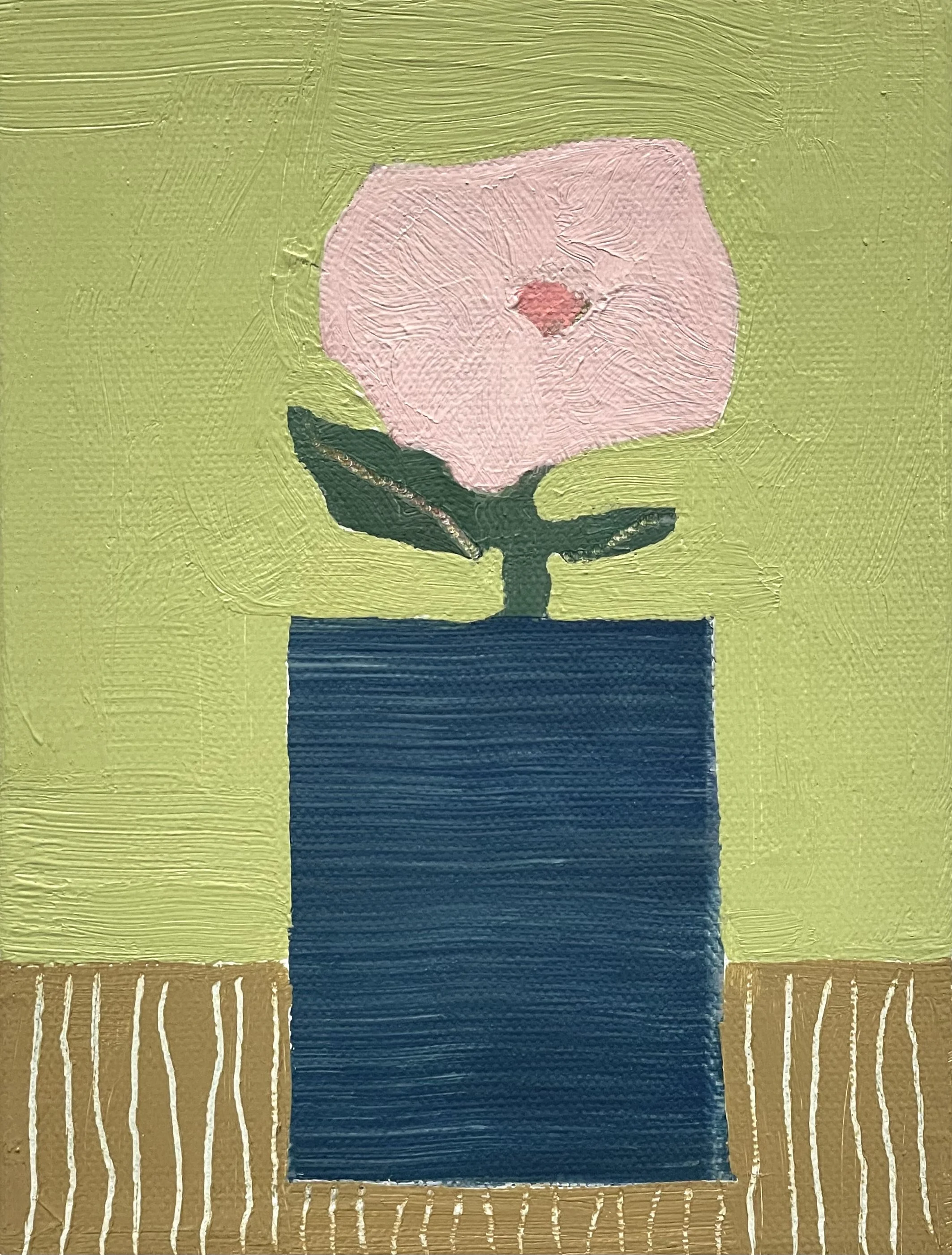 dark blue vessel with pink petunia, 8x6, (sold)