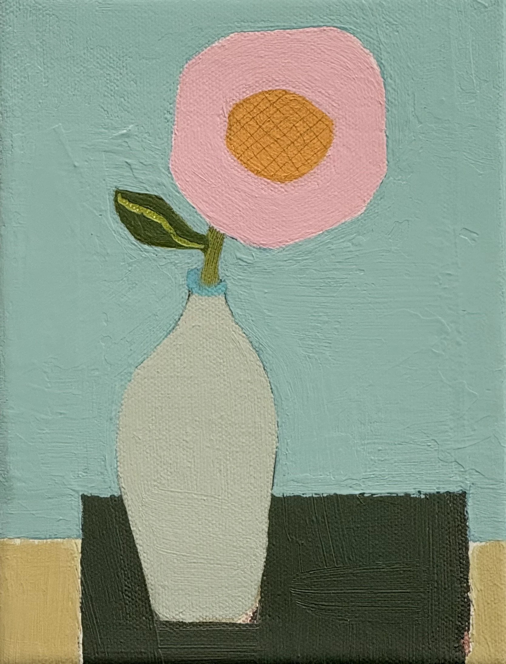 clay jug with pink flower, 8x6, (sold)