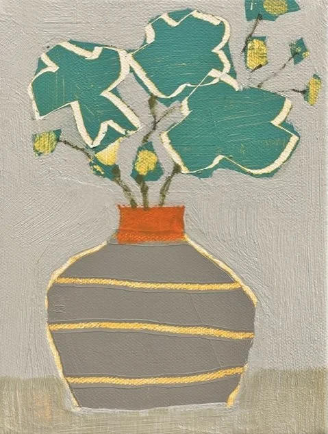 vessel with orange top and teal flowers, 8x6