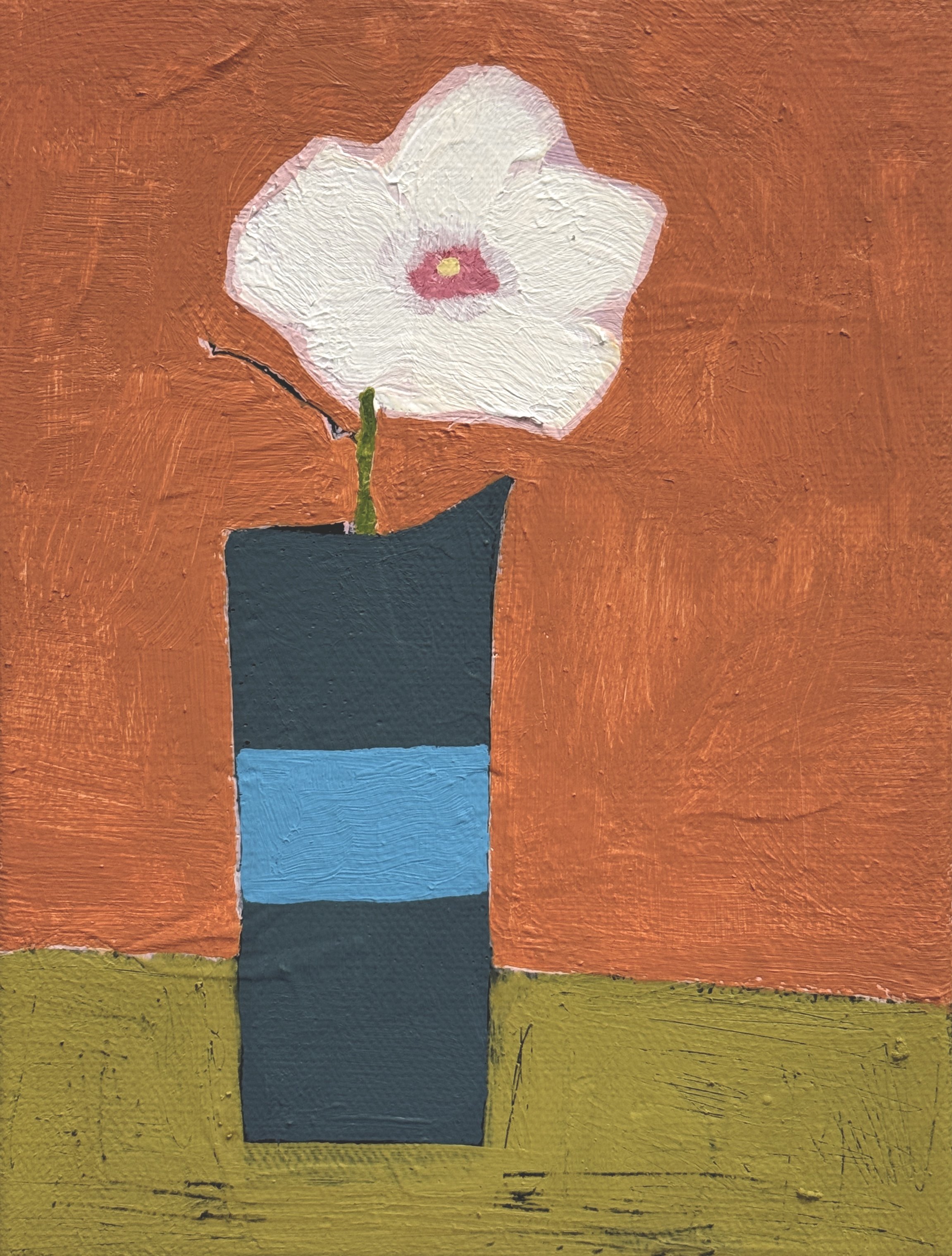 blue striped vessel with rose of sharon, 8x6