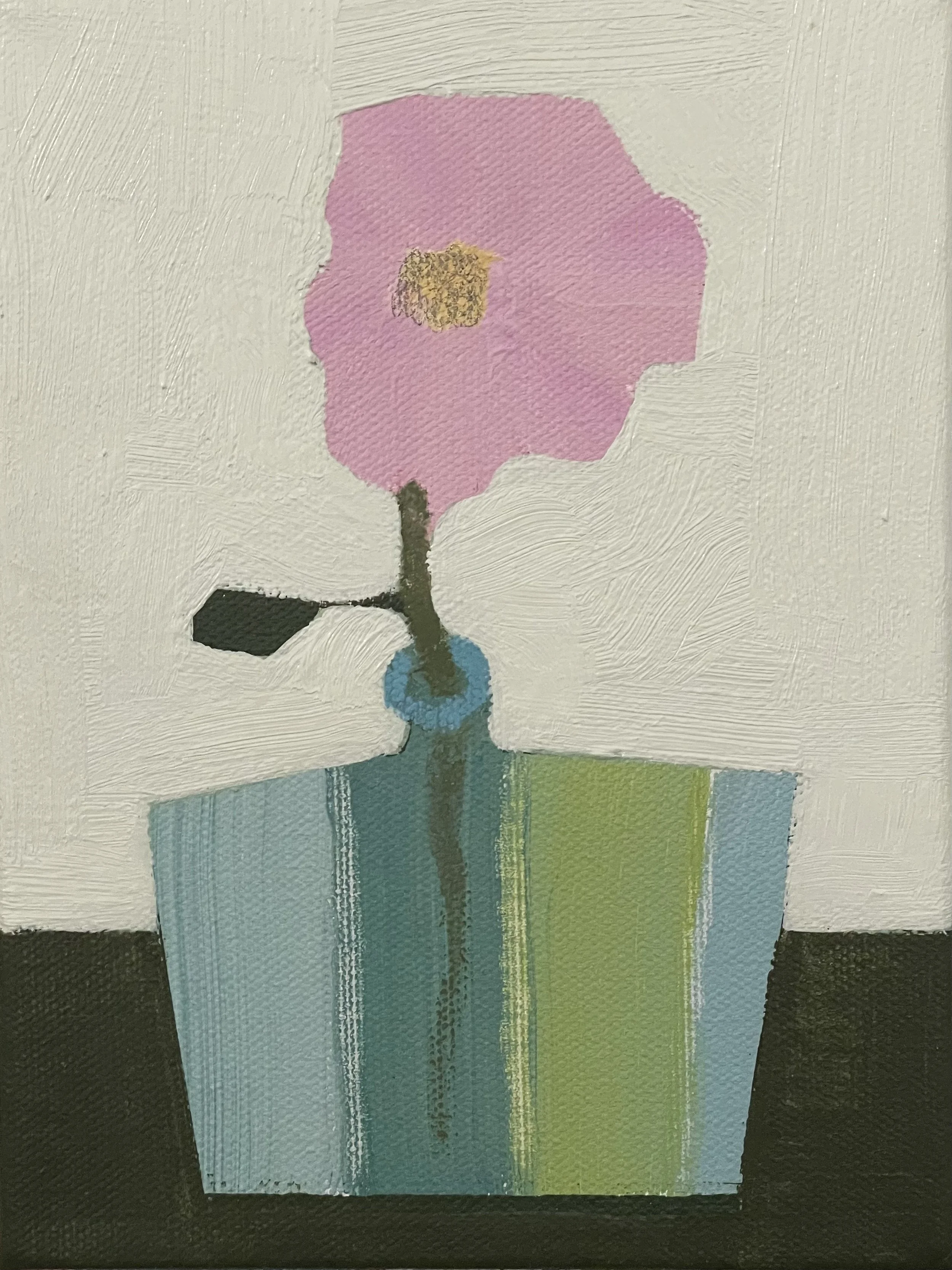 striped vessel with pink flower stem, 8x6, (sold)