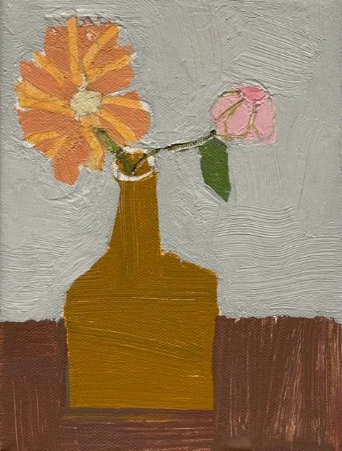 ochre vessel with two flower stems, 8x6  (sold)