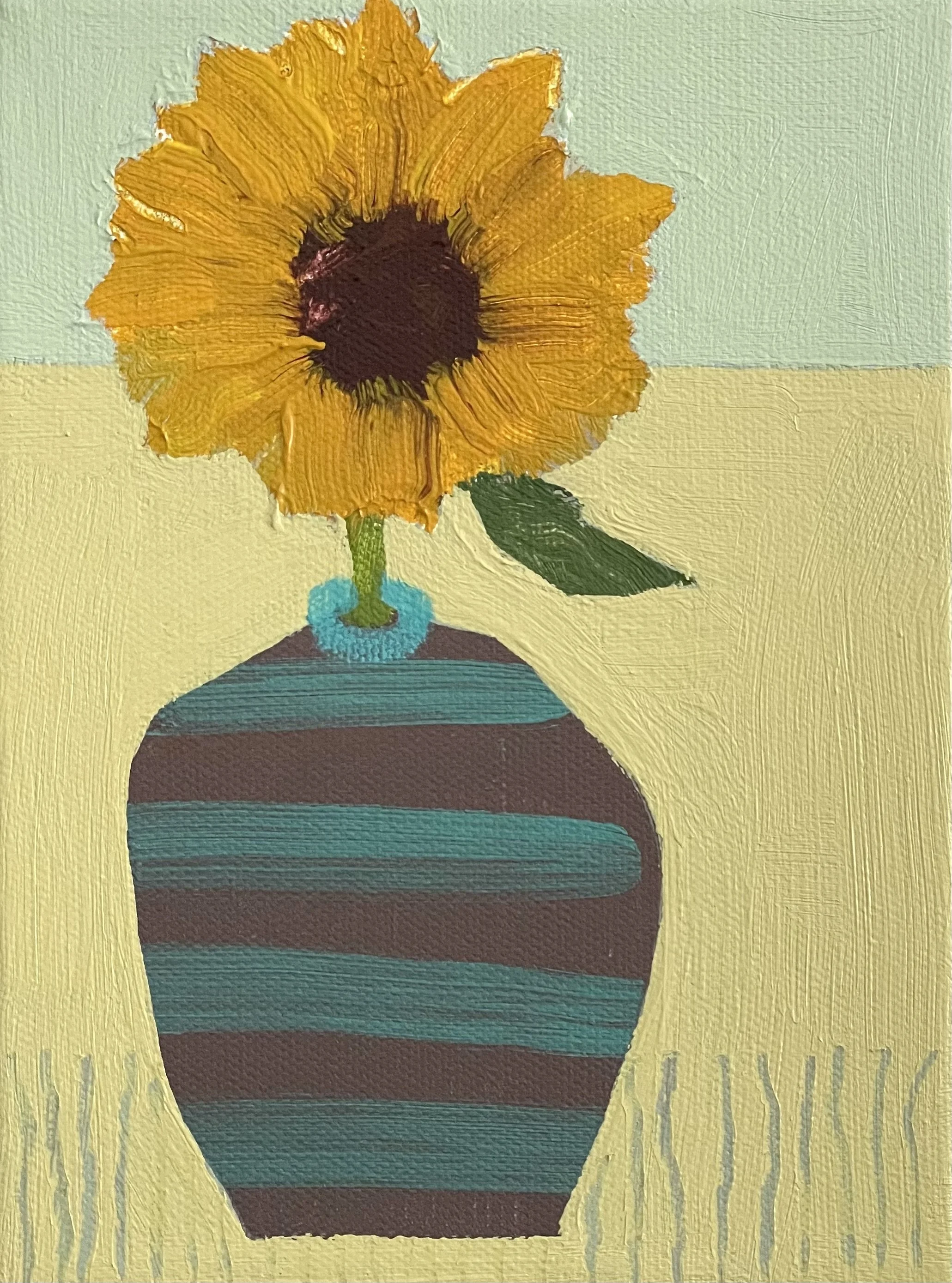 teal striped vessel with sunflower, 8x6, (sold)