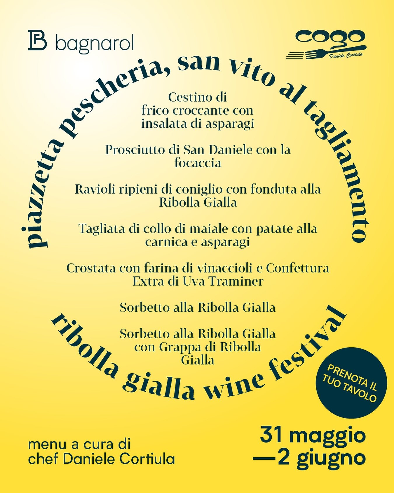 Vieni a trovarci al Ribolla Gialla Wine Festival. Dal 31 maggio al 2 giugno saremo in Piazzetta Pescheria con la nostra Ribolla Gialla Doc Friuli Spumante Brut e lo speciale menu firmato dallo chef Daniele Cortiula. Prenota subito il tuo tavolo con u