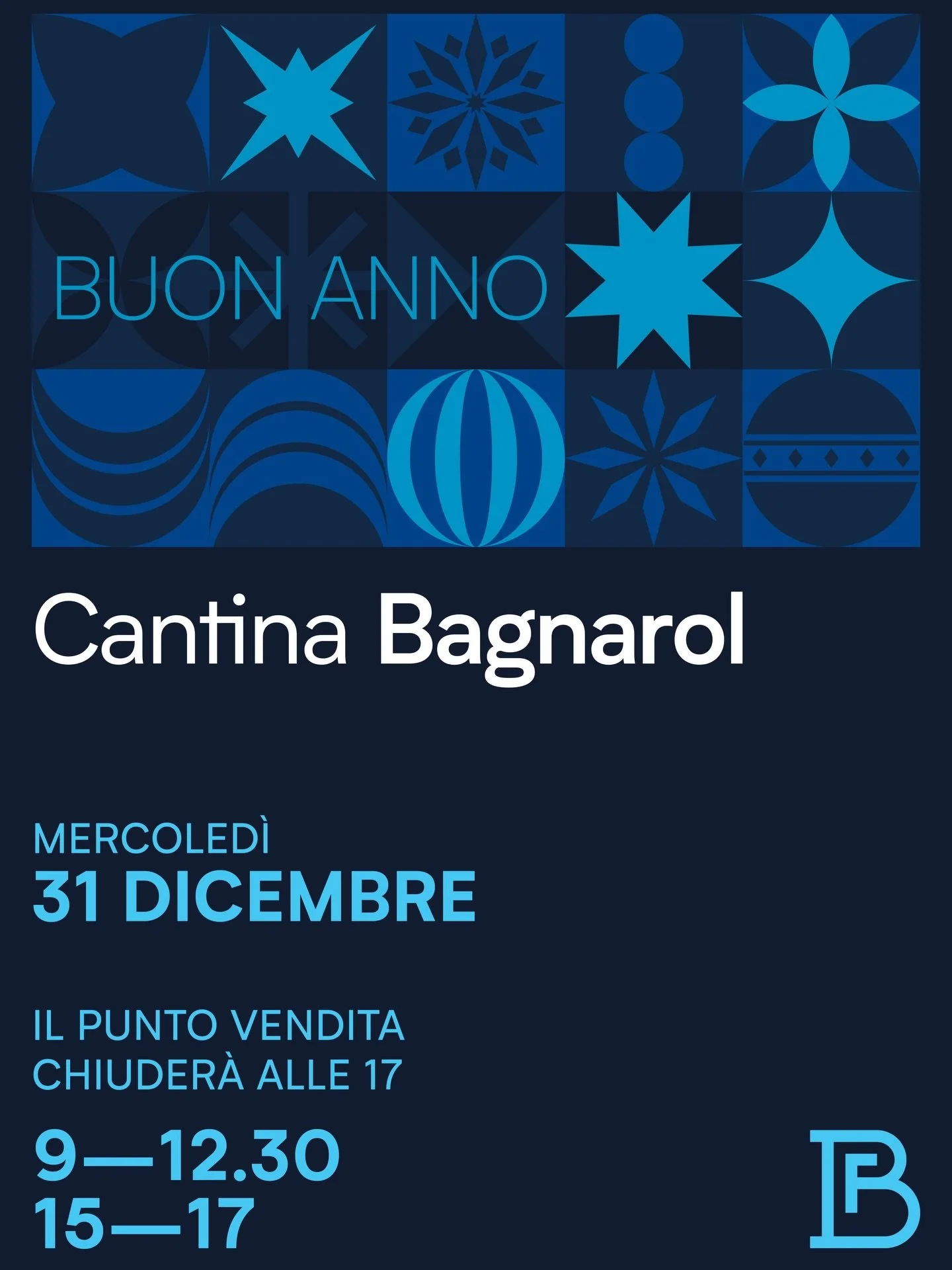 A Capodanno, i tuoi brindisi, i nostri vini.

Mercoled&igrave; 31 dicembre la Cantina Bagnarol sar&agrave; aperta dalle 9 alle 12.30 e dalle 15 alle 17.
Gioved&igrave; 1 gennaio la cantina rester&agrave; chiusa.
Dal 2 gennaio torniamo ai nostri orari