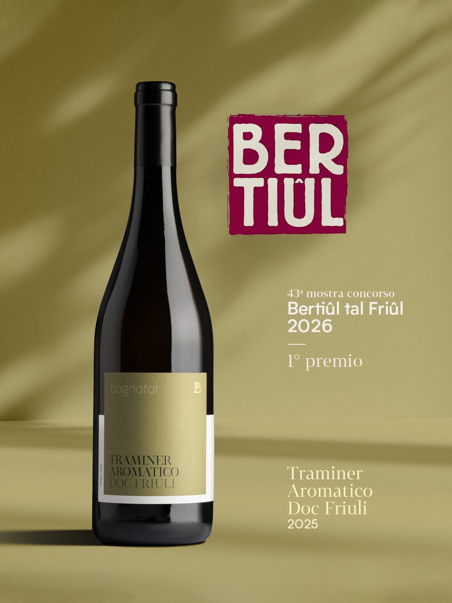 Bertiolo incorona il nostro Traminer Aromatico Doc Friuli 2025. 
Un riconoscimento prestigioso che lo vede 1&deg; classificato tra i vini bianchi da variet&agrave; aromatiche nell&rsquo;ambito della mostra concorso &ldquo;Berti&ucirc;l tal Fri&ucirc;