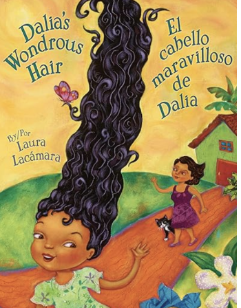 Dalia’s Wondrous Hair by Laura Lacámara:
While Dalia sleeps, her hair grows tall and wild, inspiring her to decorate it with nature’s treasures. Her mother guesses at what Dalia might be, but the next morning reveals a magical surprise—a blossoming b
