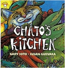 Chato’s Kitchen by Gary Soto. Illustrated by Susan Guevara
In this fun story, Chato and his buddy Novio Boy are the coolest cats in their East Los Angeles neighborhood. When a family of mice moves in next door, Chato invites them over for dinner, pla