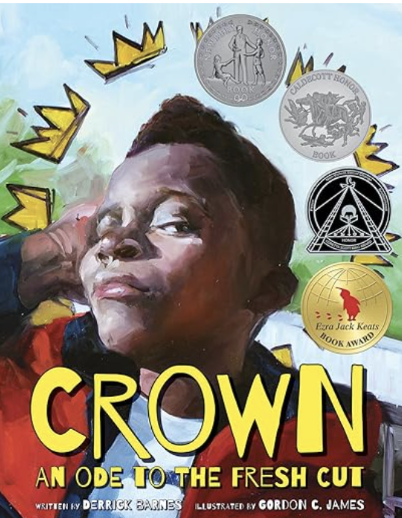 Crown: An Ode to the Fresh Cut by Derrick Barnes, illustrated by Gordon C. James:
Set in a barbershop, this vibrant story celebrates the confidence and pride that come from a fresh haircut. Each cut transforms boys into their best selves, radiating s