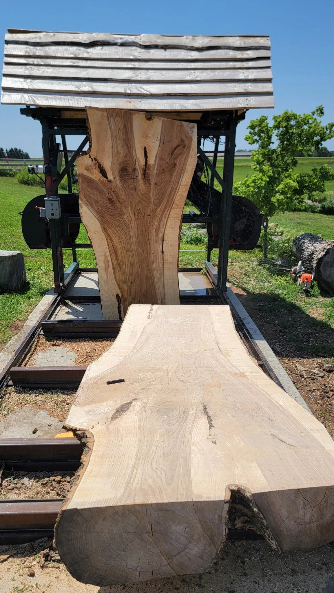 Wood slabs with live edges on a workshop floor.