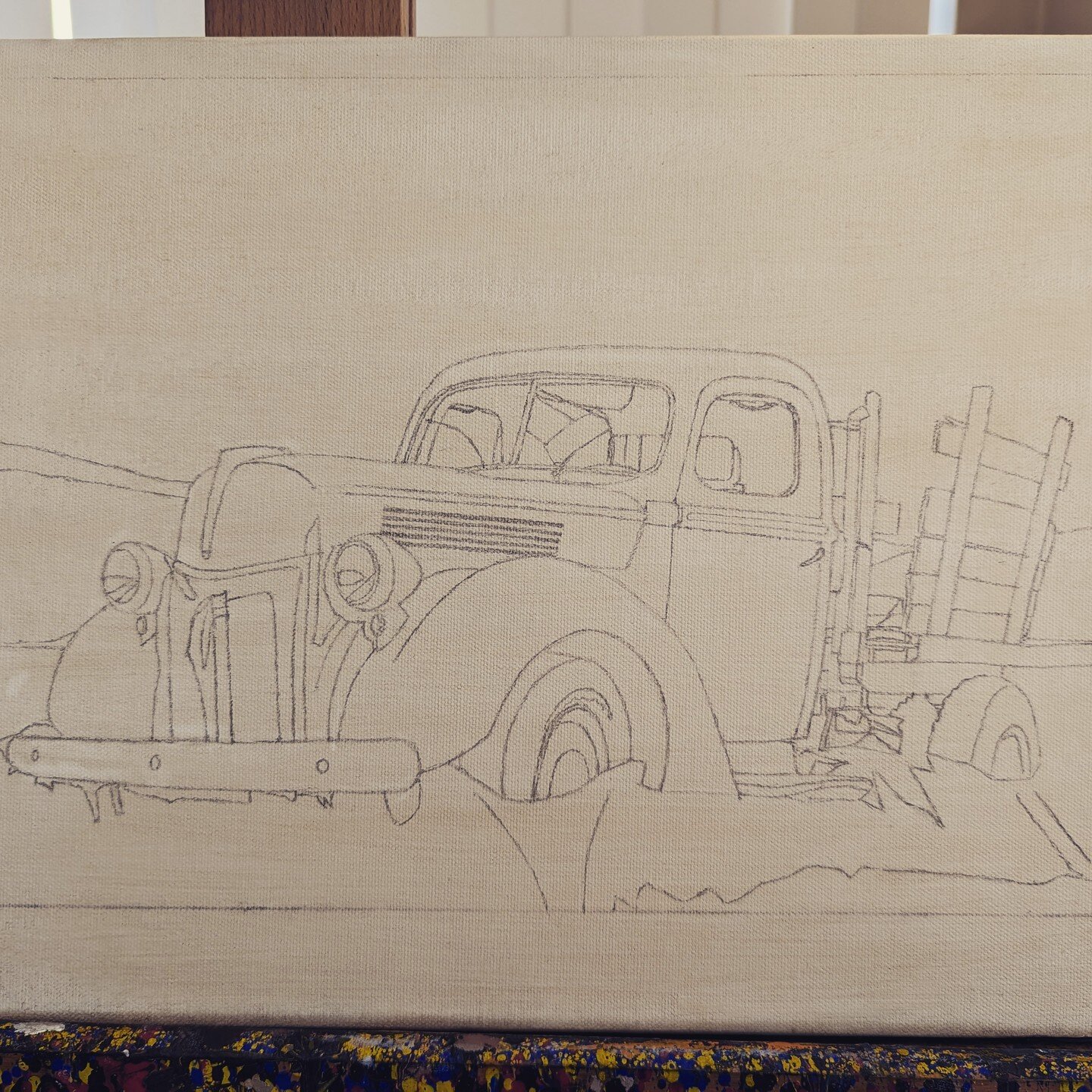 Mister Dylan's current oil painting project! An old truck aging under the desert sun. The canvas is gessoed, toned and the sketch is complete. The wash drawing is next, then paint. 

If you'd like to study drawing and/or painting with Mister Dylan, c