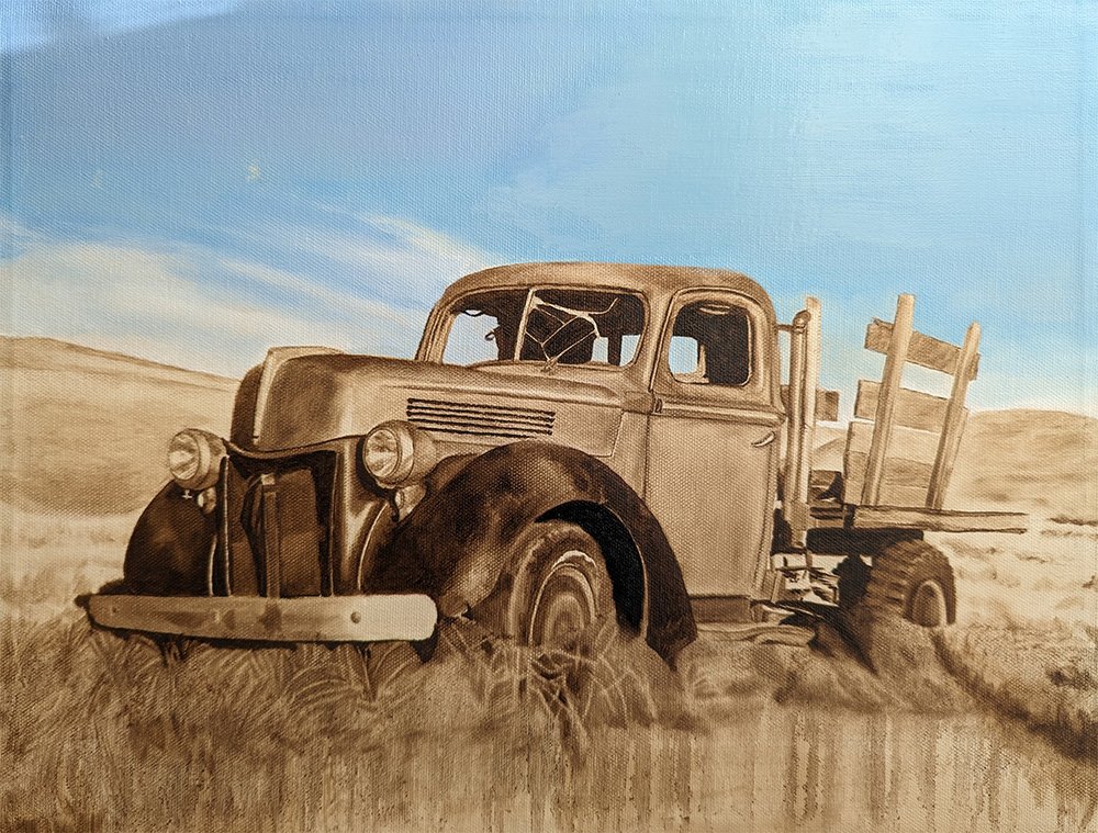 Oil Wash Drawing of Old Pickup Truck + Blue Sky