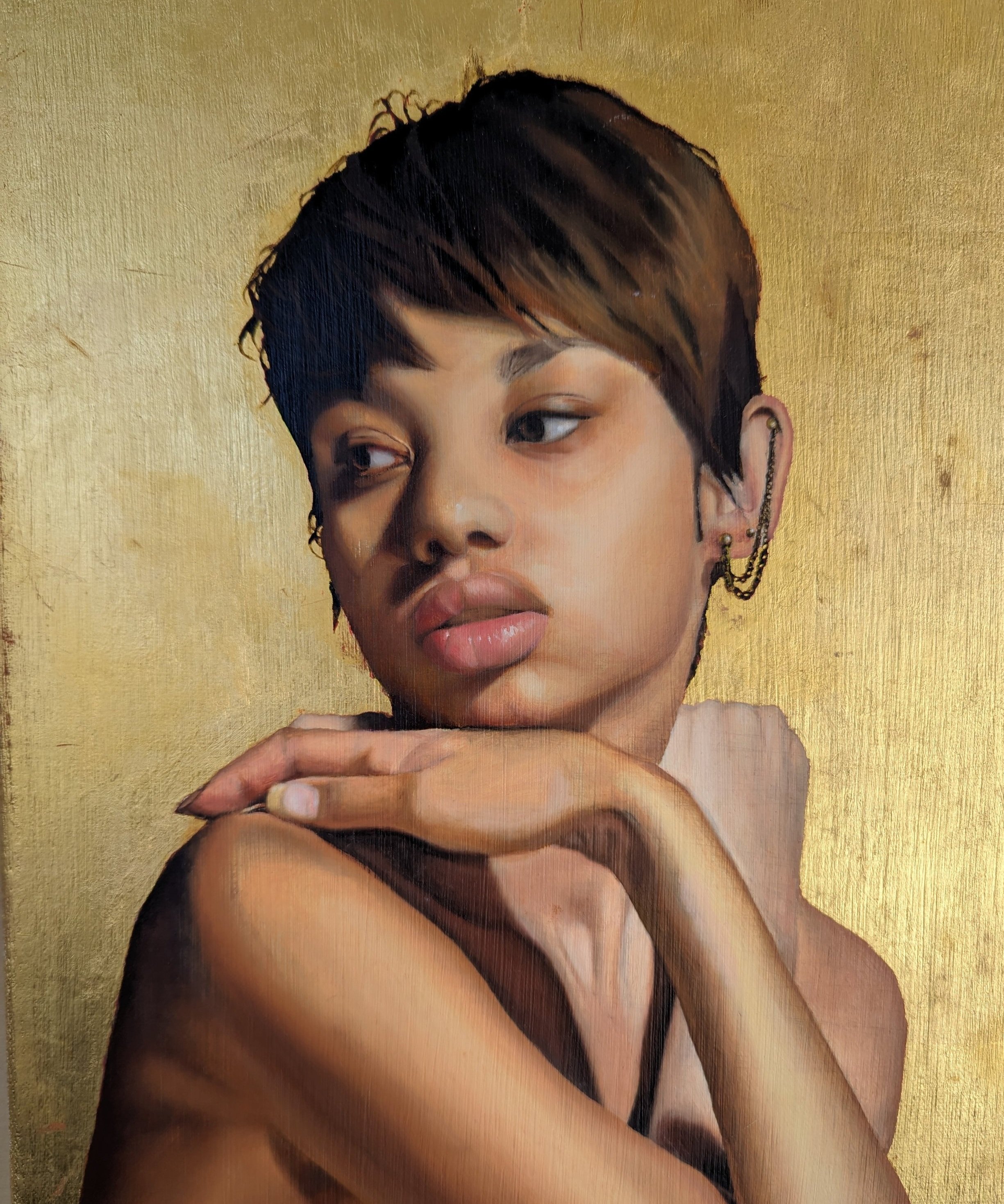 Oil and 24k Gold Leaf Painting of a Woman