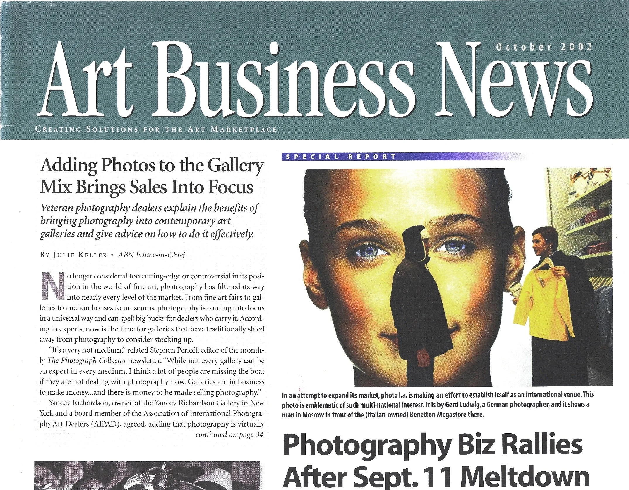 Front page of the October 2002 issue of Art Business News featuring a large photo of a woman with bright blue eyes, a man in front of a photography store, and a section with black and white photos of people.