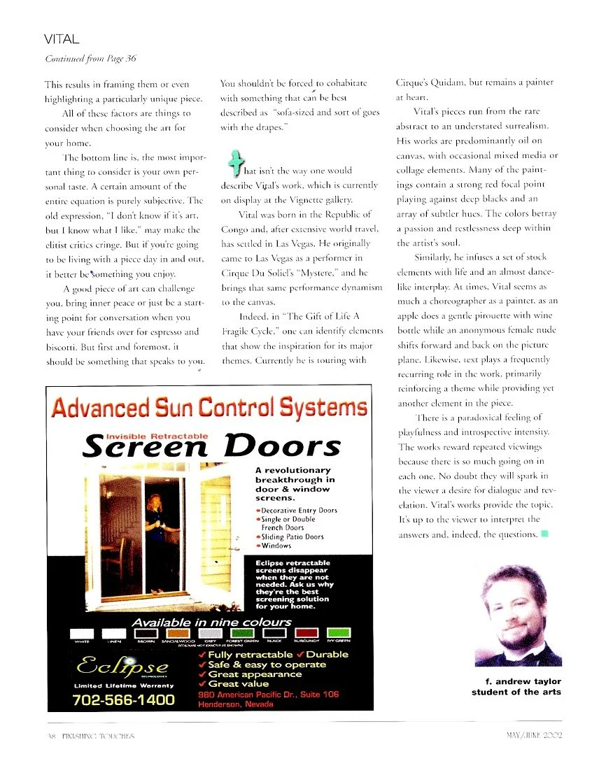 A magazine page with an article, an advertisement for advanced sun control systems featuring screen doors, and a photo of a man identified as F. Andrew Taylor, a student of the arts.