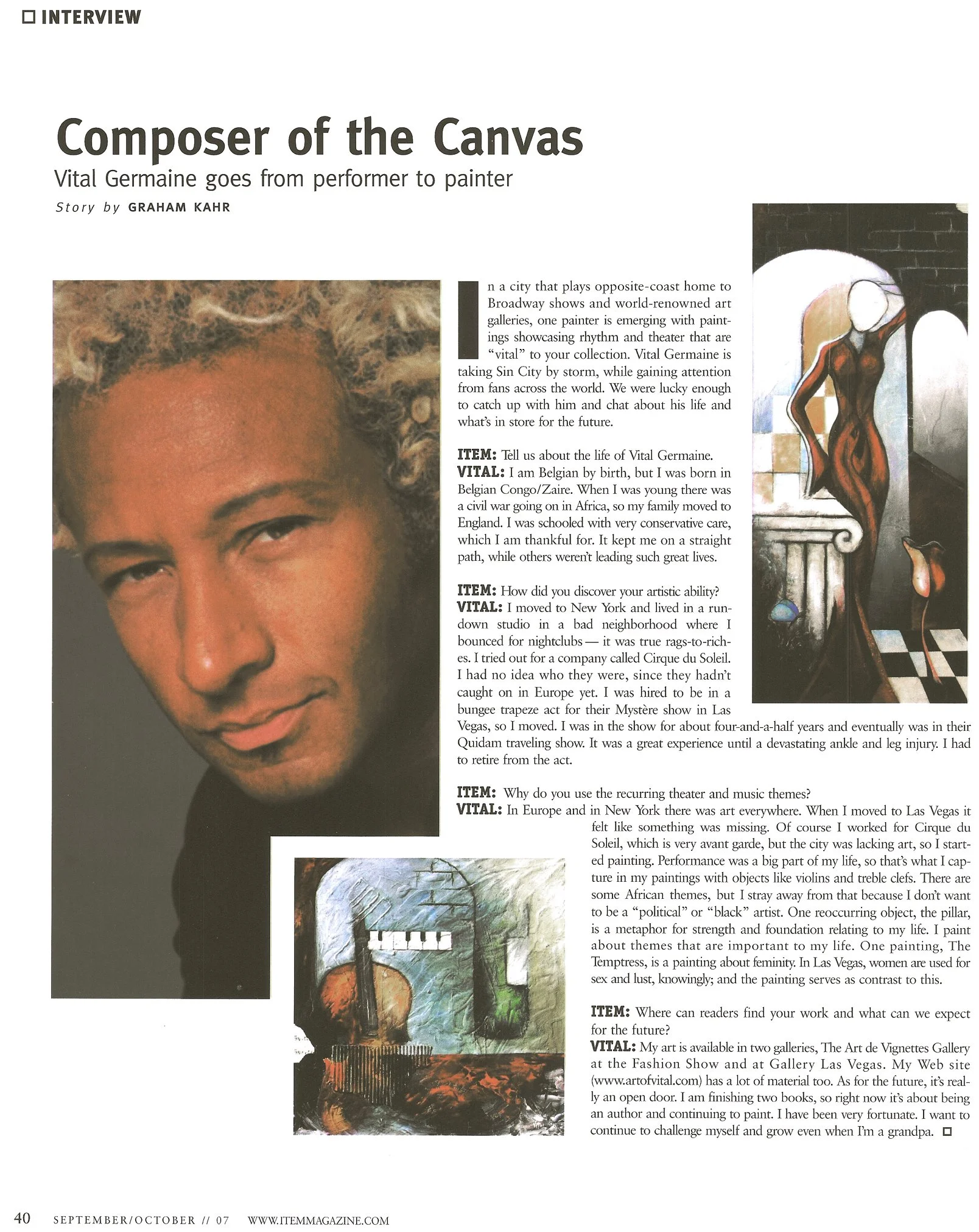 A magazine page featuring an interview with Vital Germaine, including a close-up photo of his face and a painting of a woman in a black dress.