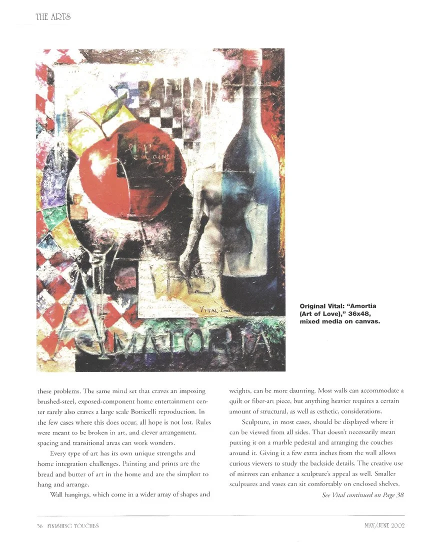 Abstract mixed media artwork featuring a large red apple and a tall dark bottle on a textured background with colorful geometric patterns and text.