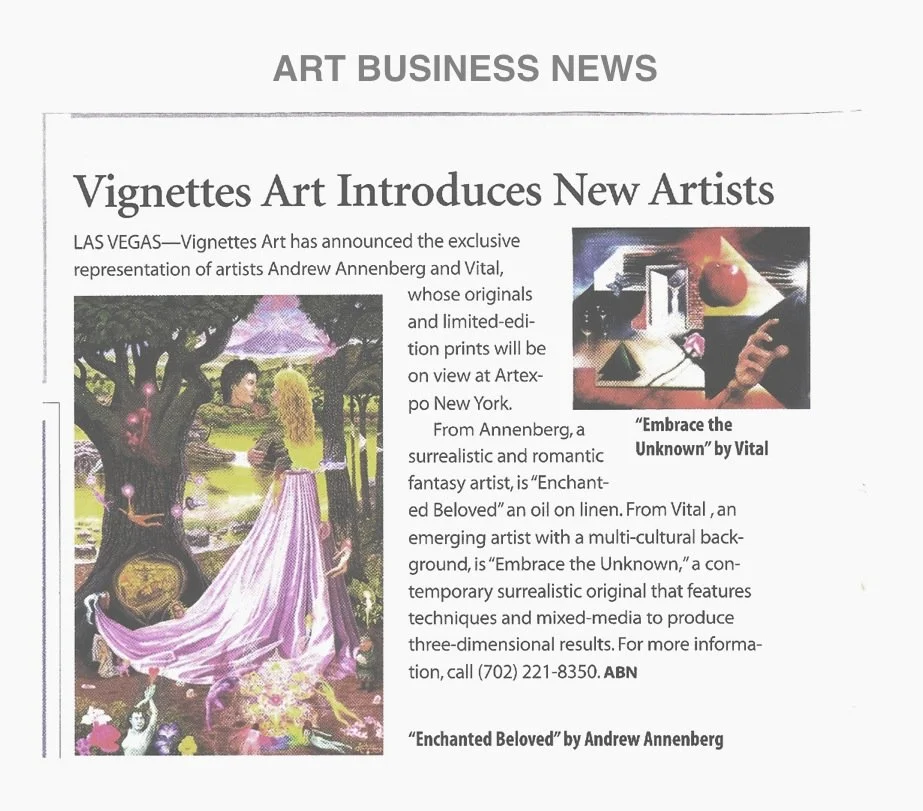 Newspaper article titled 'Vignettes Art Introduces New Artists' with two images of artwork. The left image shows a surreal scene with a woman in a flowing pink dress standing in a lush, outdoor setting with a tree and creative elements. The right ima