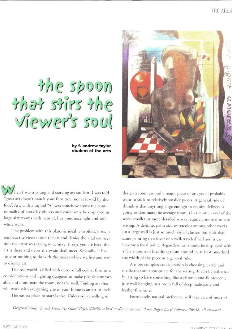 An art magazine page featuring a colorful painting of a woman, geometric shapes, and abstract elements. The page includes the title "the spoon that stirs the viewer's soul" and the author's name, F. Andrew Taylor, a student of the arts. The text disc