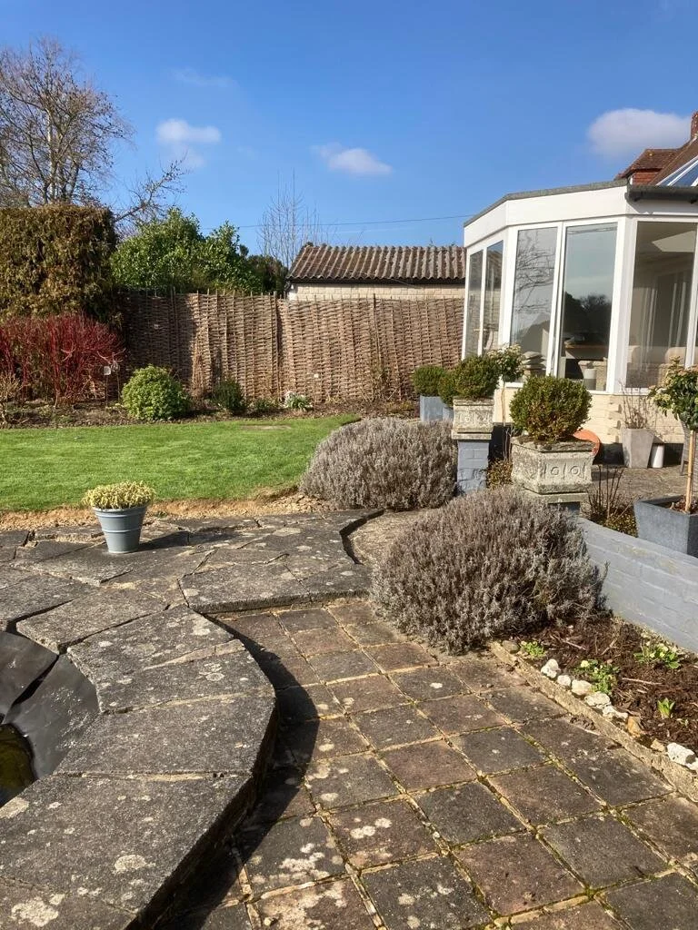A garden with a stone patio, trimmed bushes, a patch of green grass, and a house with a sunroom. The background has a wooden fence, trees, and a clear blue sky with a few clouds.