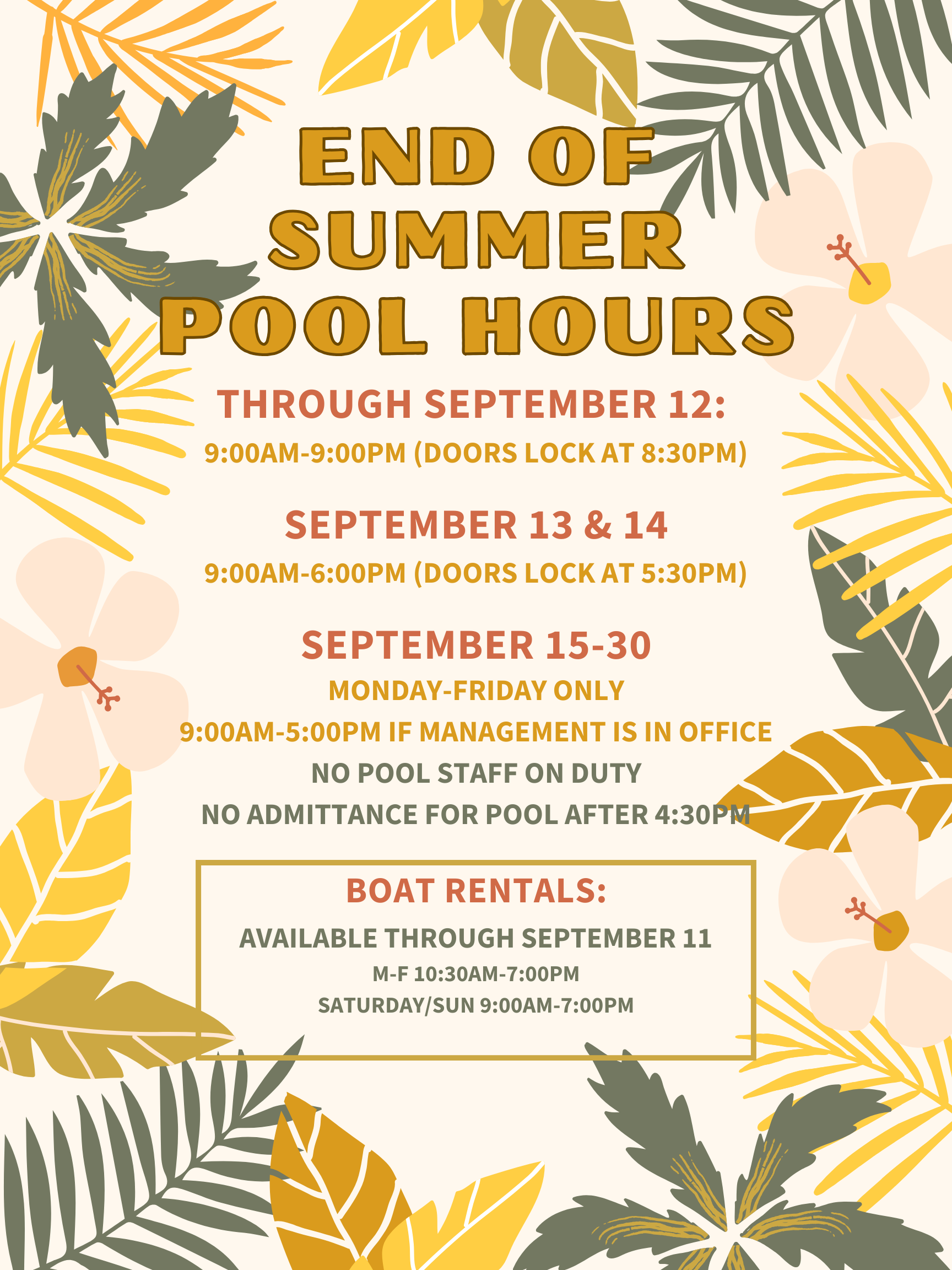 End of Summer Pool Hours — Lakeside Community Owners' Association