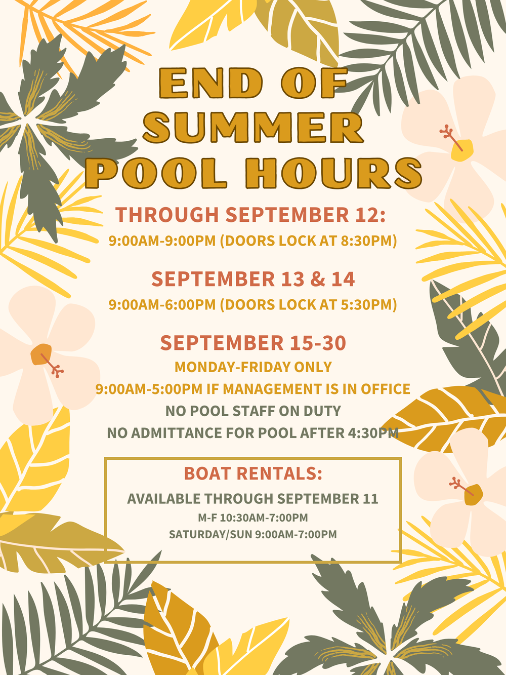End of Summer Pool Hours — Lakeside Community Owners' Association