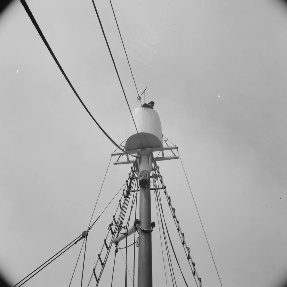   Captain Mineo climbs in the crow's nest to search for mackerel.  