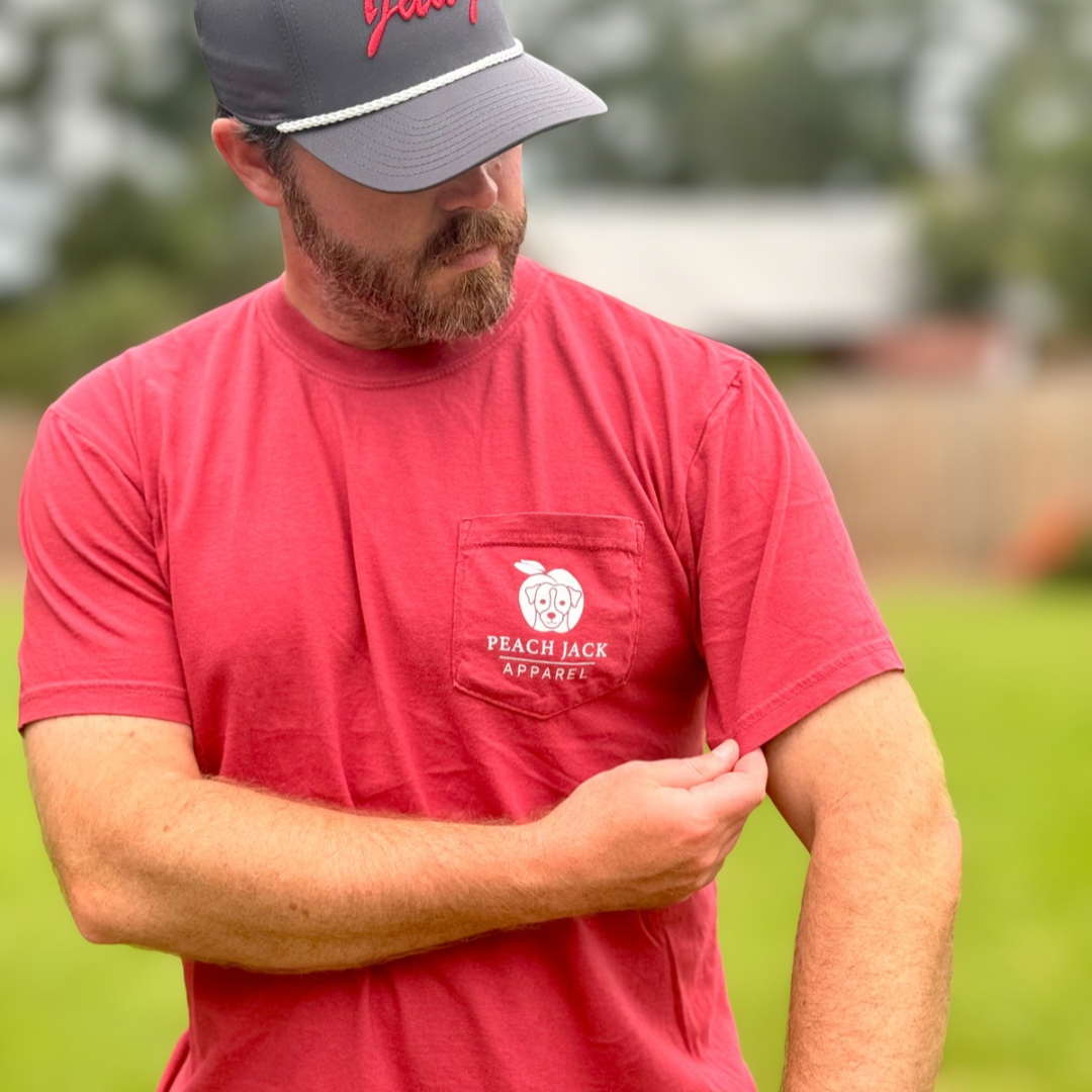 Man wearing Peach Jack Apparel Natty Town Lager Comfort Colors pocket tee showing the front side of the shirt inspired by college football Saturdays in Athens, Georgia.