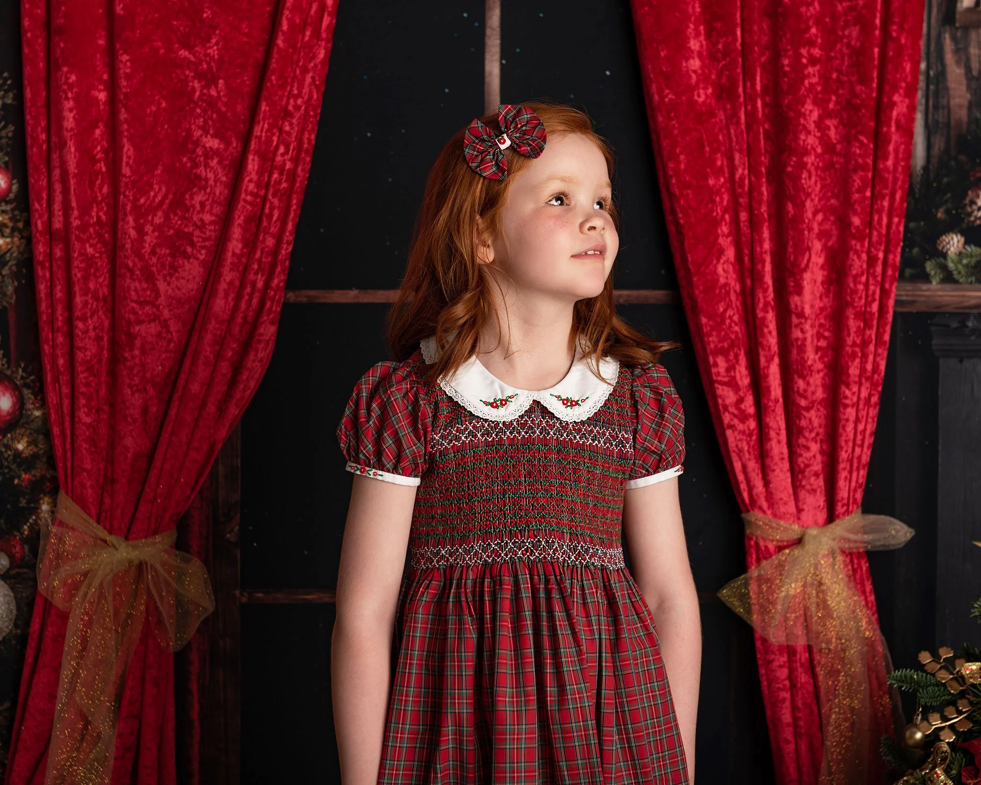 festive red and green check Peter Pan collar embroidered bow traditional vintage dress for christmas girls boutique Peter Pan collar