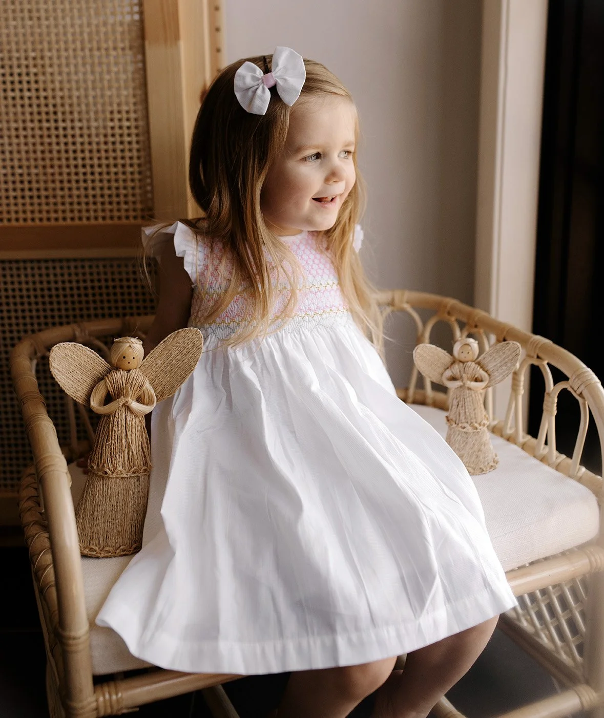 White smock for baby wedding flower girl christening smocked dress