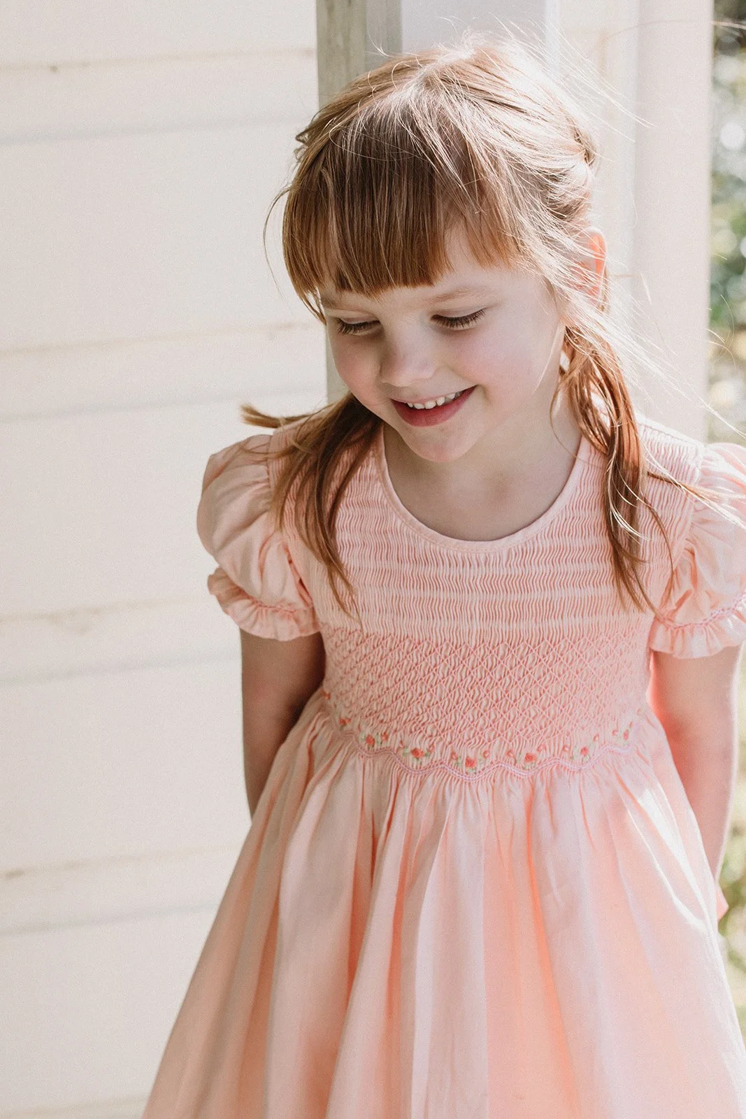 Peach cotton smocked dress flower girl toddler formal dress