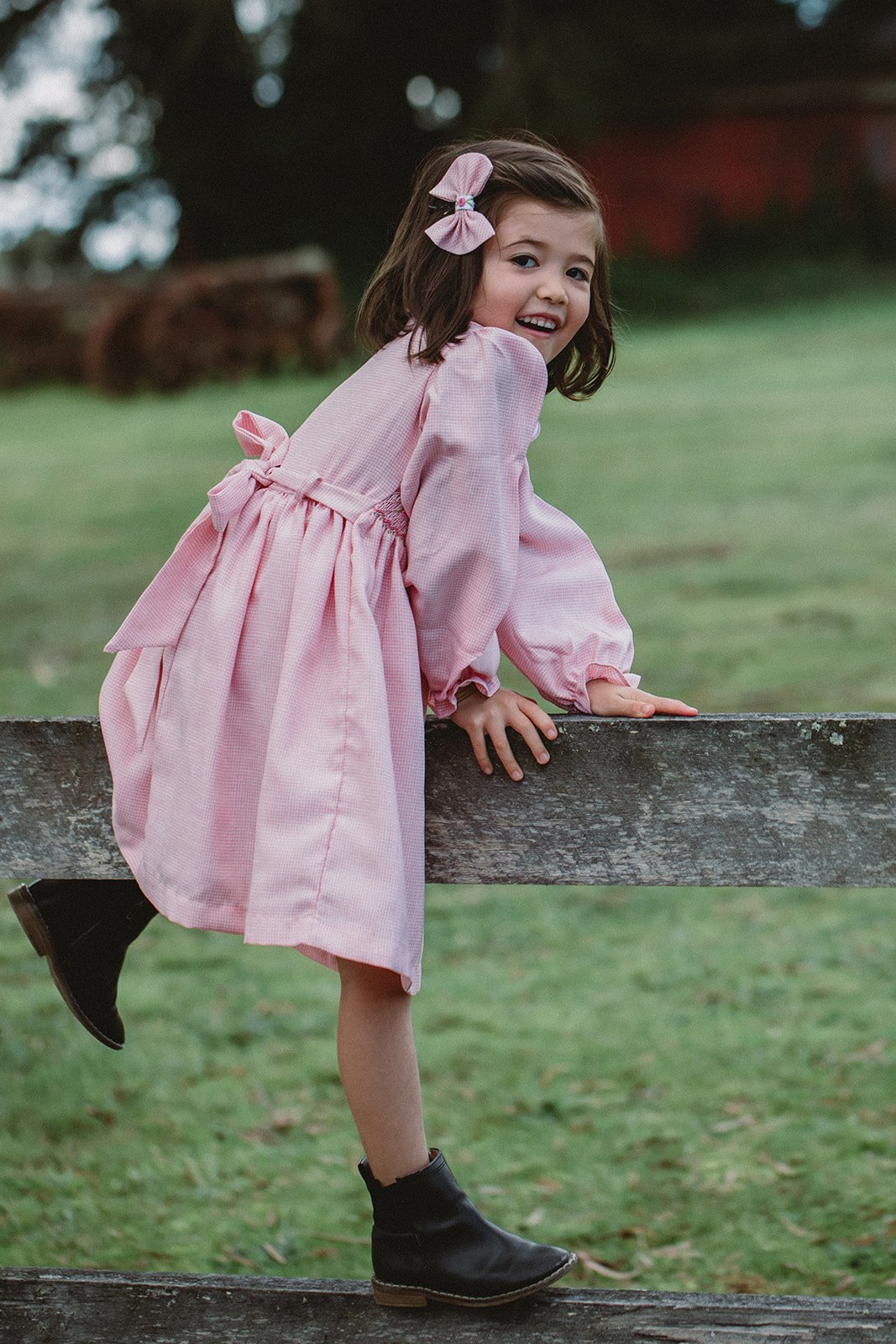 Floral pink long sleeve smocked dress Classic, handmade dresses for