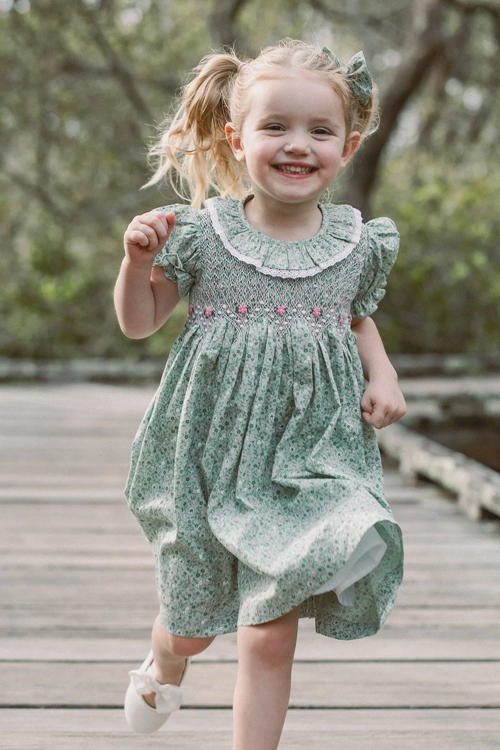 Hand-smocked sage green Liberty floral girls dress with pink embroidery and  scalloped eyelet collar dress | Dot & Mila
