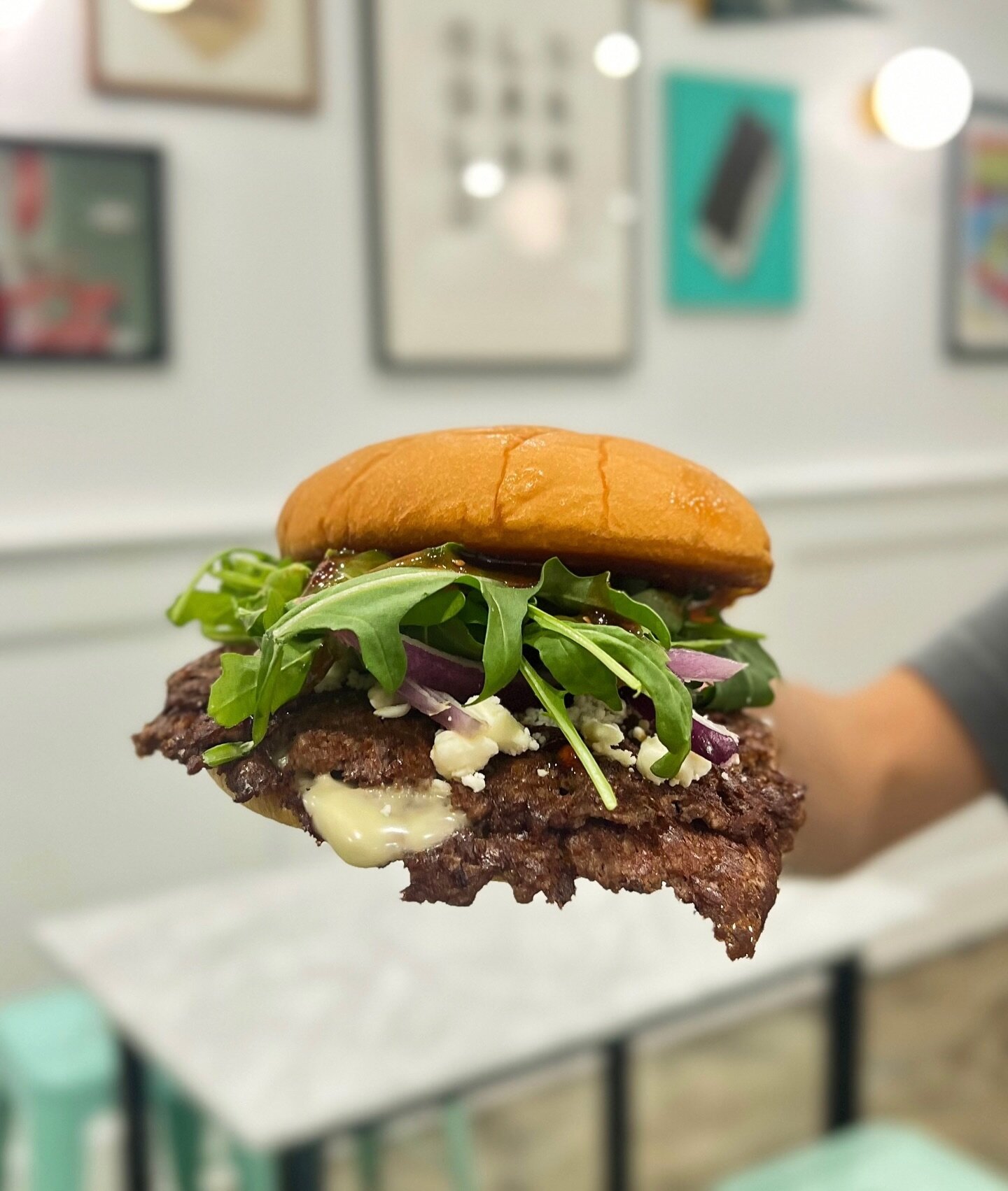 🍔 Introducing the Pom Burger &ndash; a Thanksgiving feast in a bun! 🦃 Two grass-fed beef patties, white american cheese, feta, red onions, baby arugula, and our house-made pomegranate jam. Available for 2 weeks only! Gobble it up before it's gone! 